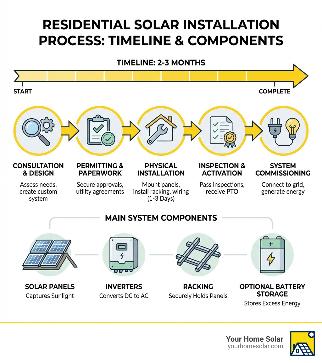 infographic showing the complete residential solar installation process from initial assessment through system activation, including timeline of 2-3 months, key steps of consultation, design, permitting, installation, and inspection, plus main system components of solar panels, inverters, racking, and optional battery storage - residential solar power systems installation infographic infographic showing the complete residential solar installation process from initial assessment through system activation, including timeline of 2-3 months, key steps of consultation, design, permitting, installation, and inspection, plus main system components of solar panels, inverters, racking, and optional battery storage - residential solar power systems installation infographic