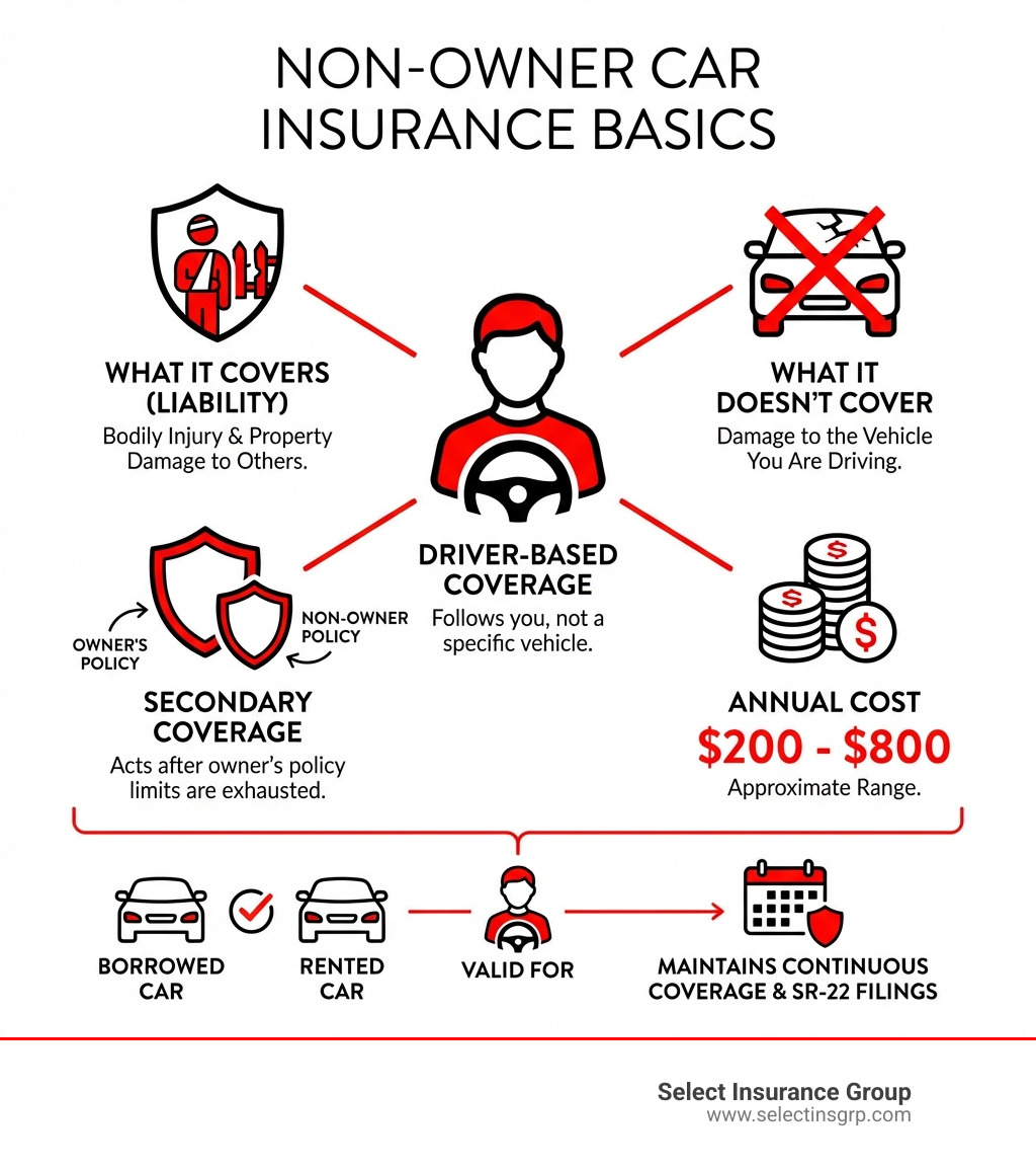 infographic showing non-owner car insurance basics: driver-based coverage provides liability protection for bodily injury and property damage when driving borrowed or rented vehicles, acts as secondary coverage after owner's policy limits, costs $200-$800 annually, does not cover damage to the vehicle being driven - auto insurance for non car owners infographic 
