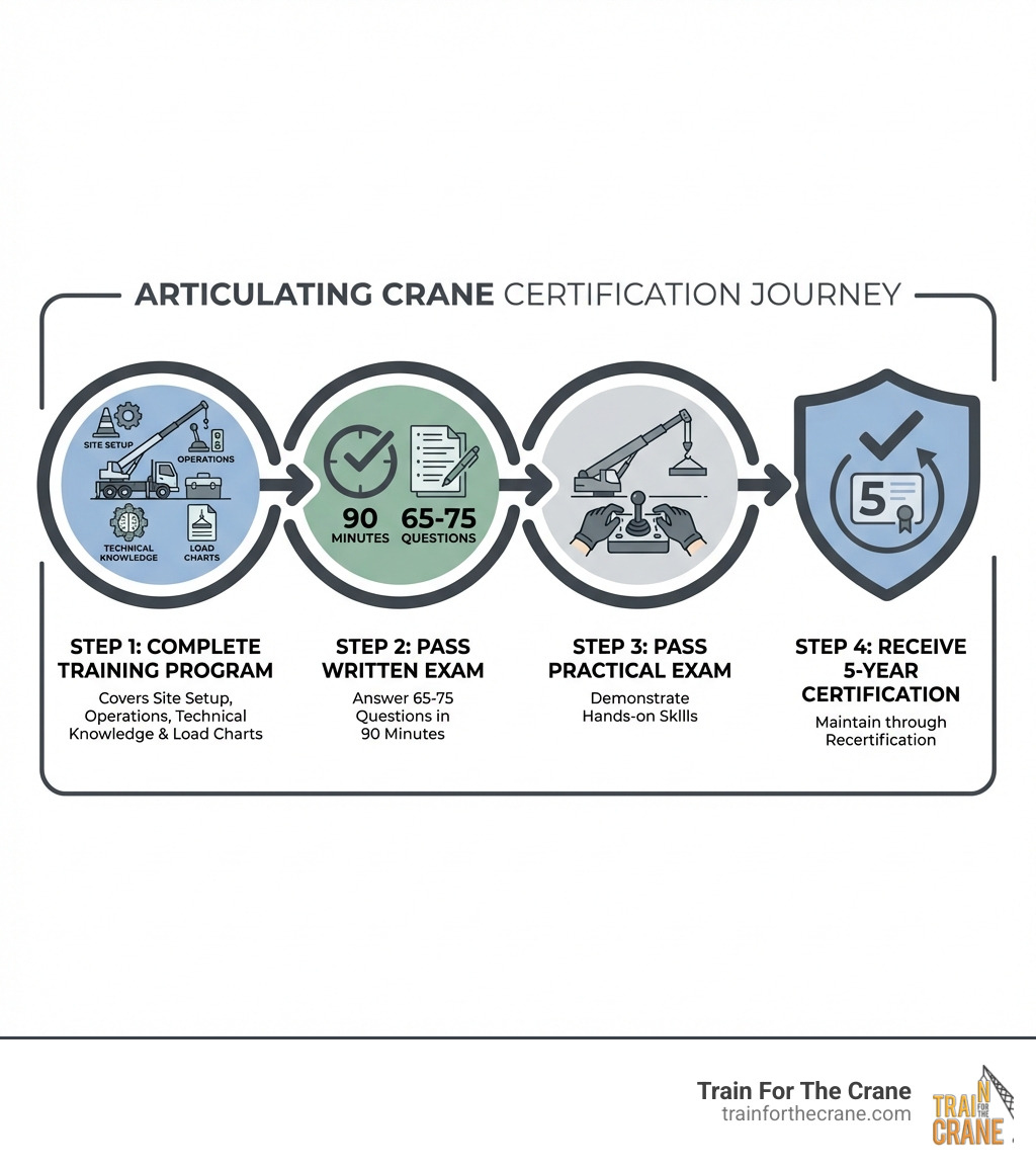 infographic showing the 4-step certification journey: Step 1 - Complete training program covering site setup, operations, technical knowledge and load charts; Step 2 - Pass written exam with 65-75 questions in 90 minutes; Step 3 - Pass practical exam demonstrating hands-on skills; Step 4 - Receive 5-year certification and maintain through recertification - articulating crane certification infographic 