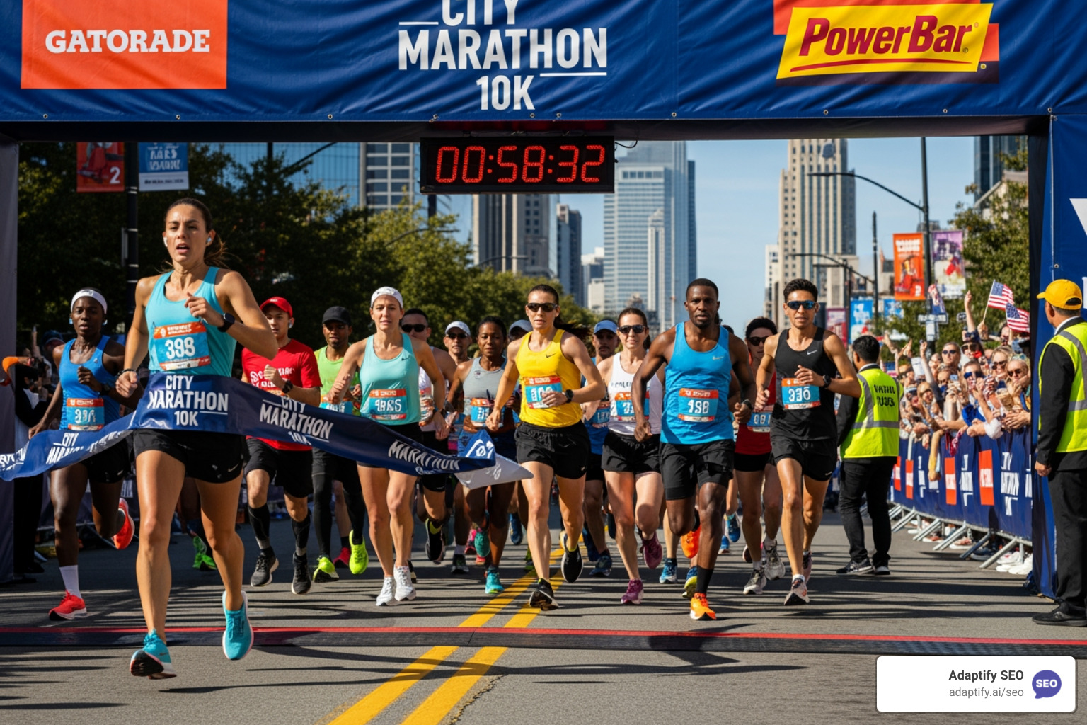 diverse group of runners crossing finish line - zero to 10k