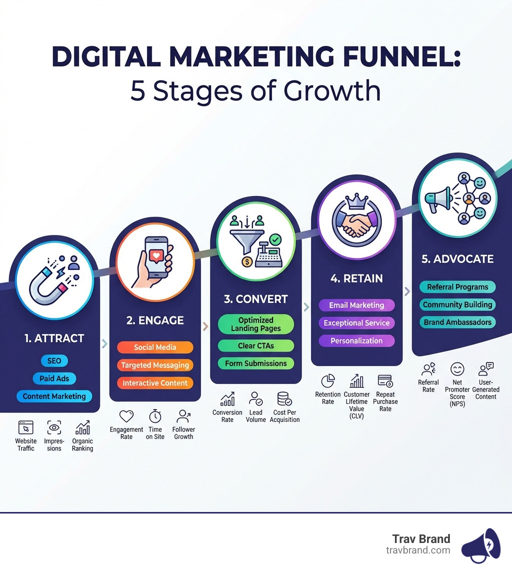 Digital marketing funnel infographic showing five stages: 1) Attract - driving traffic through SEO, paid ads, and content; 2) Engage - capturing attention with social media and targeted messaging; 3) Convert - turning visitors into customers through optimized landing pages and clear CTAs; 4) Retain - building loyalty with email marketing and exceptional service; 5) Advocate - creating brand ambassadors through referral programs and community building. Each stage shows corresponding tactics and key metrics. - Digital marketing services agency infographic Digital marketing funnel infographic showing five stages: 1) Attract - driving traffic through SEO, paid ads, and content; 2) Engage - capturing attention with social media and targeted messaging; 3) Convert - turning visitors into customers through optimized landing pages and clear CTAs; 4) Retain - building loyalty with email marketing and exceptional service; 5) Advocate - creating brand ambassadors through referral programs and community building. Each stage shows corresponding tactics and key metrics. - Digital marketing services agency infographic
