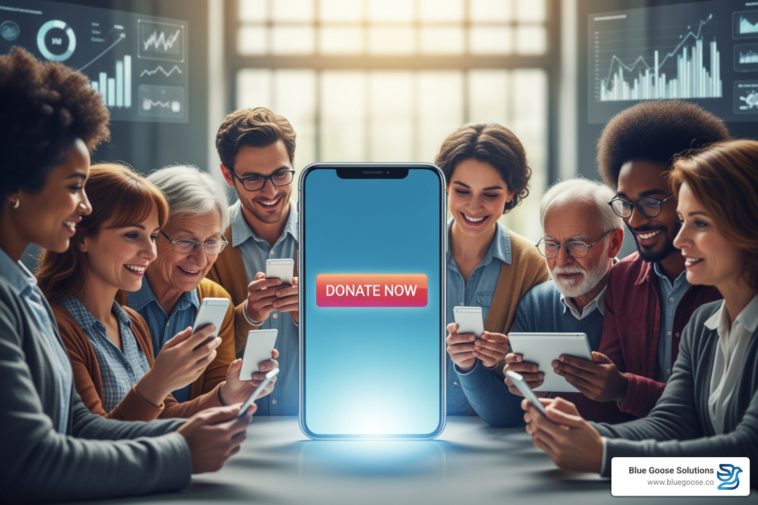 A creative peer-to-peer fundraising campaign page on a a tablet, showing a progress bar, donor stories, and social sharing options. - online fundraising campaigns