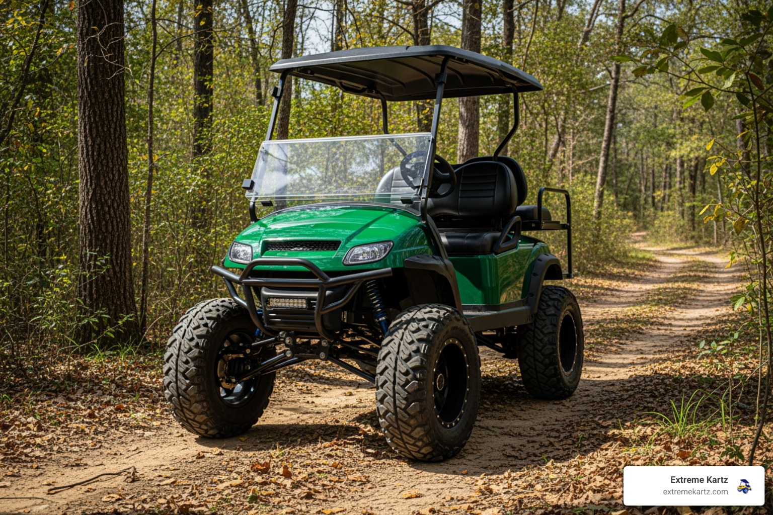 lifted golf cart on a trail with high tire clearance - 22 10 10 golf cart tires