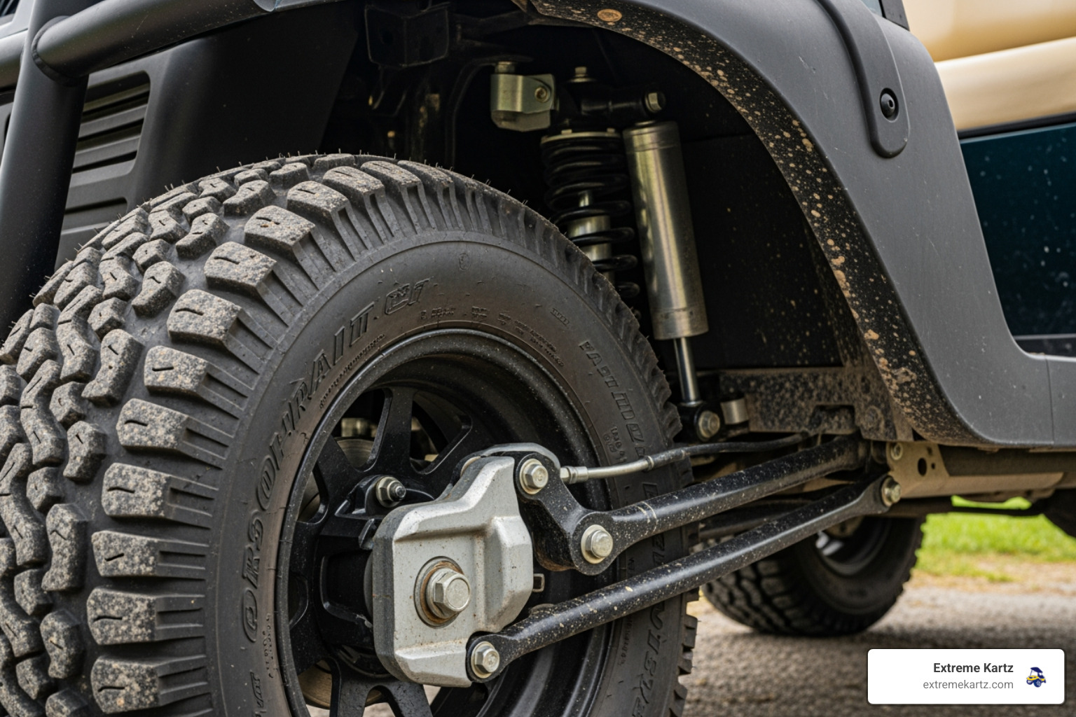 golf cart's wheel well showing the space created by a lift kit - 22 10 10 golf cart tires