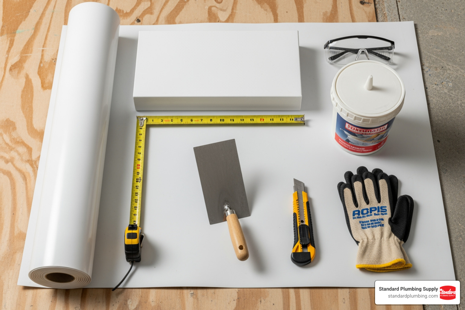 tools and materials for shower pan liner installation - Shower pan liner