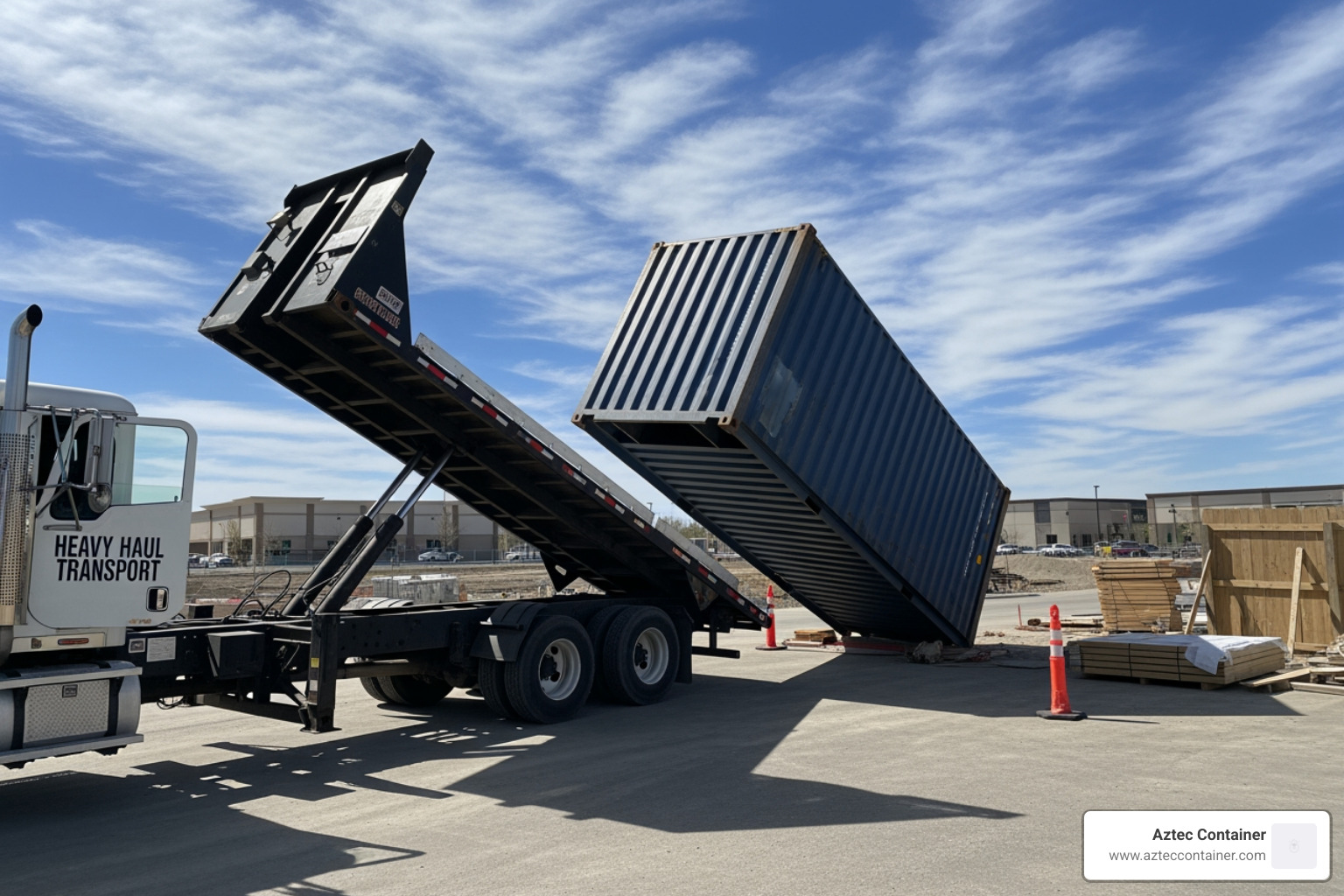 Tilt-bed truck delivering a 20 foot shipping container - 20 foot container for sale