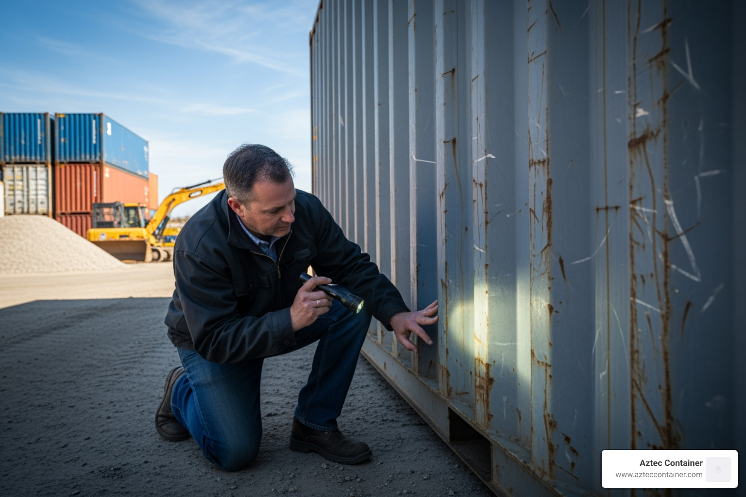 Person inspecting a shipping container - 20 foot container for sale