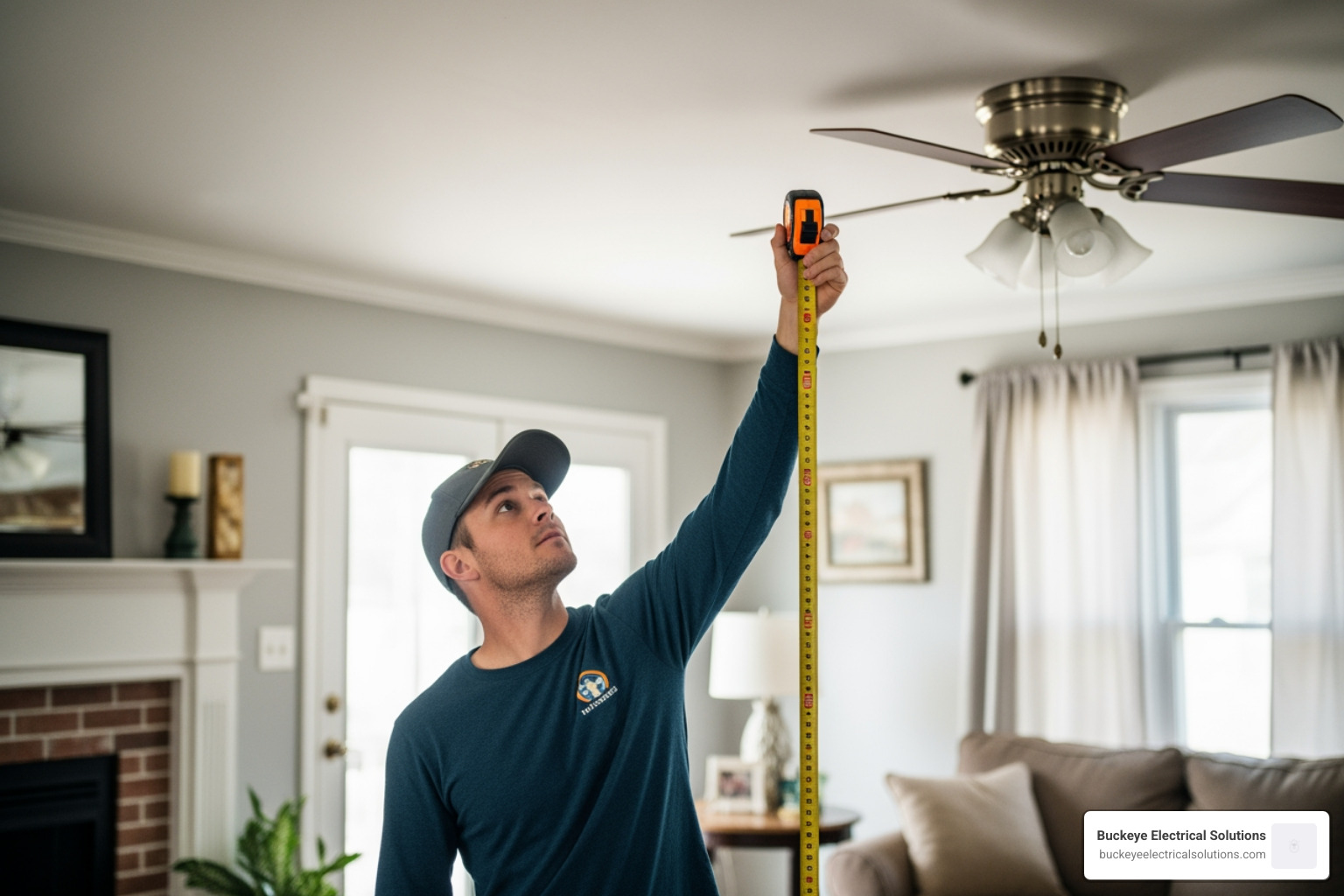person measuring ceiling height with a tape measure - ceiling fan downrod installation