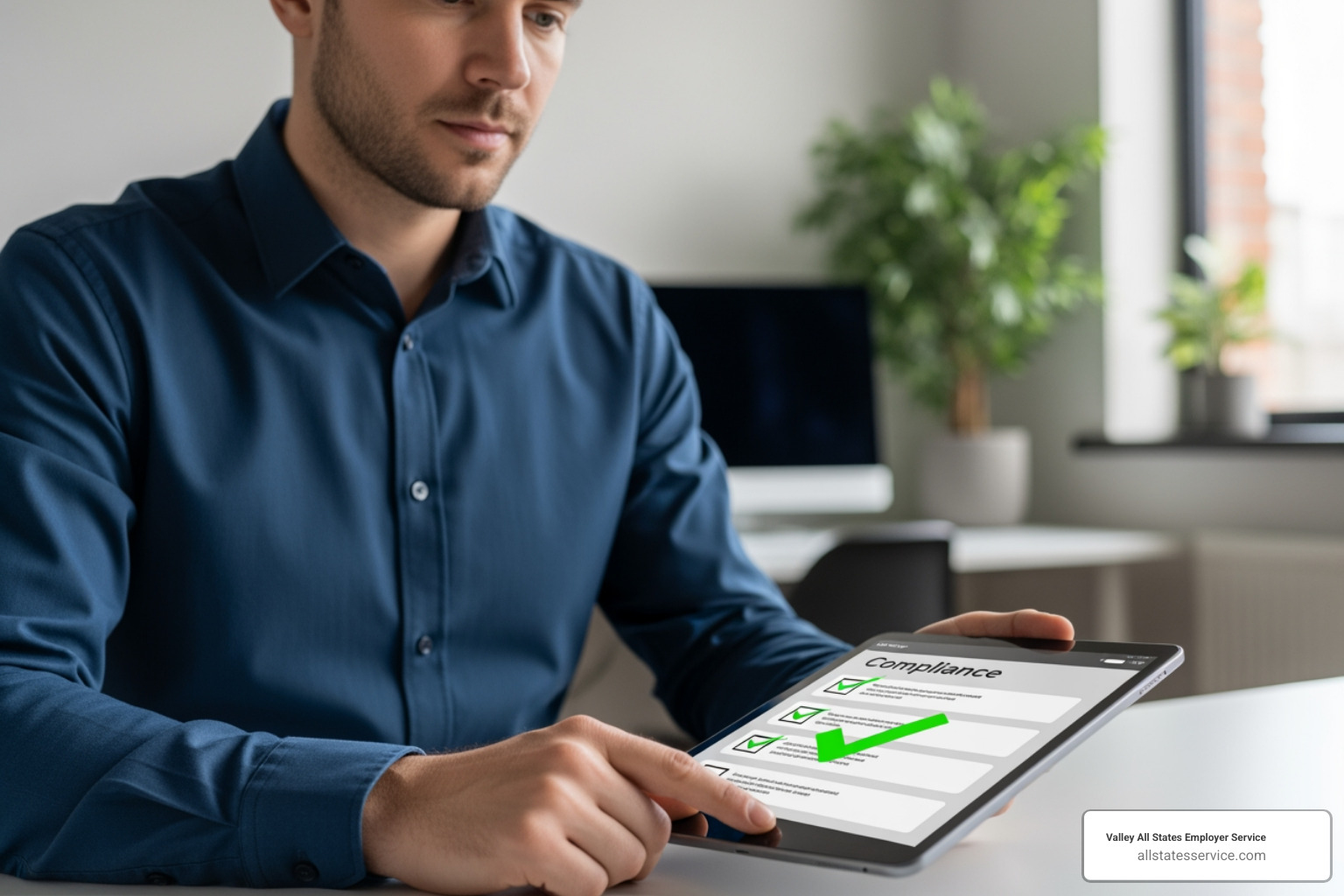 manager reviewing a compliance checklist on a tablet, with a green checkmark indicating completion - Workforce compliance management
