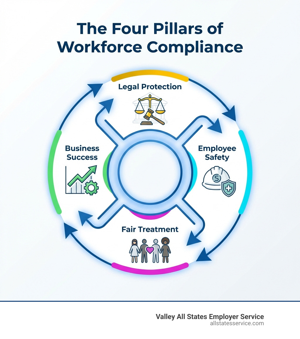 infographic showing the four pillars of workforce compliance: Legal Protection with scales of justice, Employee Safety with hard hat and shield, Fair Treatment with diverse team silhouettes, and Business Success with upward trending graph, all connected in a circular flow diagram - Workforce compliance management infographic 