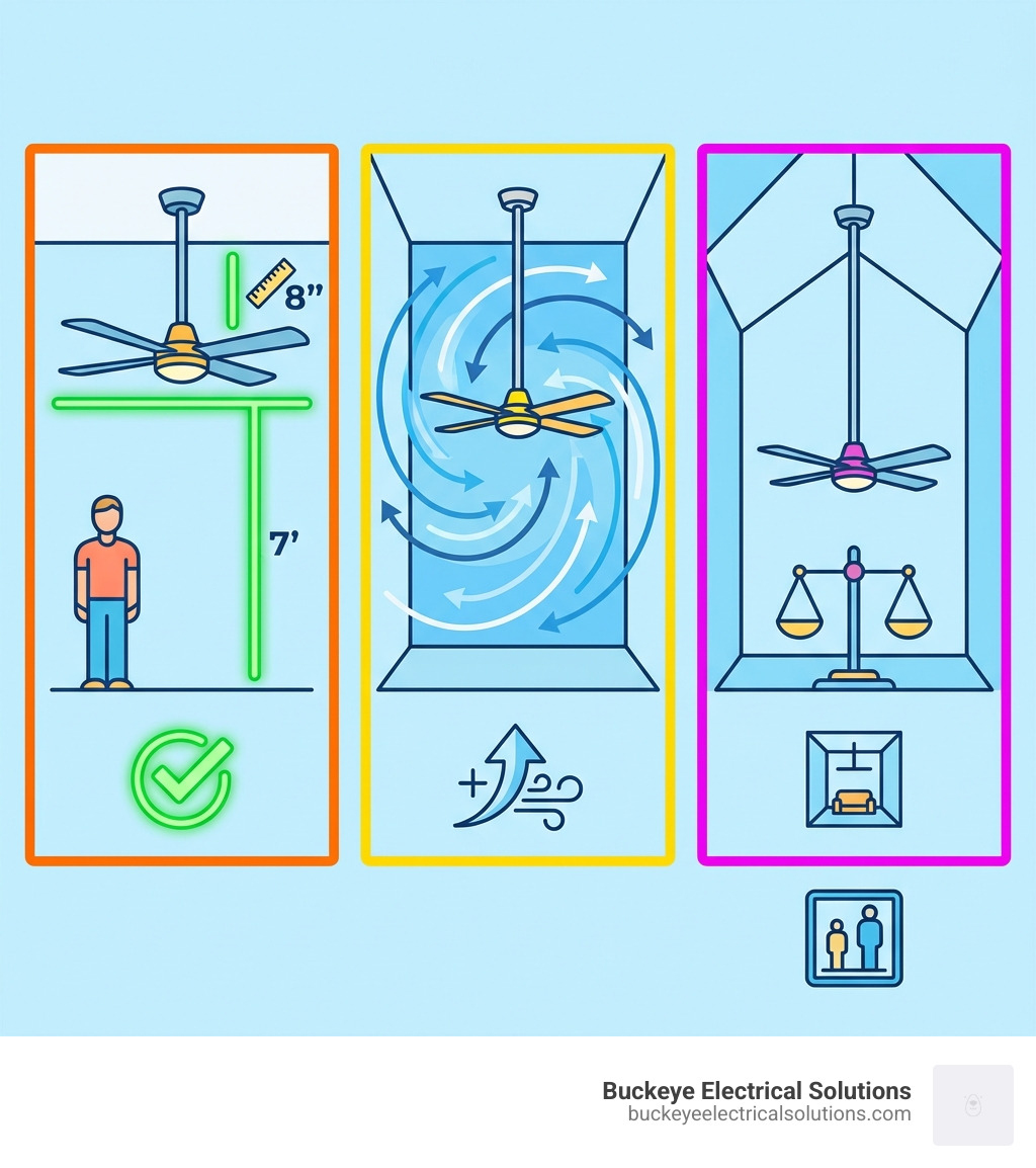 Infographic showing the three key benefits of proper ceiling fan downrod installation: safety clearance with a minimum 7 feet from floor and 8 inches from ceiling, improved airflow performance by positioning blades in the optimal zone for air circulation, and aesthetic balance making the fan proportional to room height and preventing a cramped appearance in tall spaces - ceiling fan downrod installation infographic 