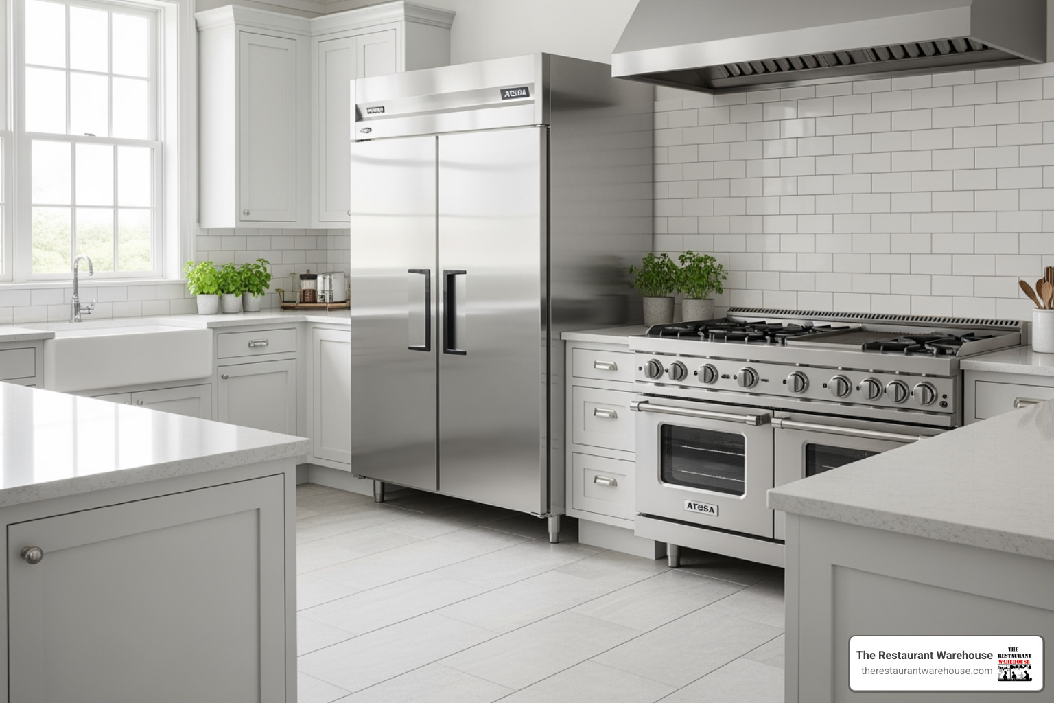 A sleek, stainless steel Atosa two-door reach-in refrigerator in a clean, modern kitchen setting - Atosa reach-in refrigerator