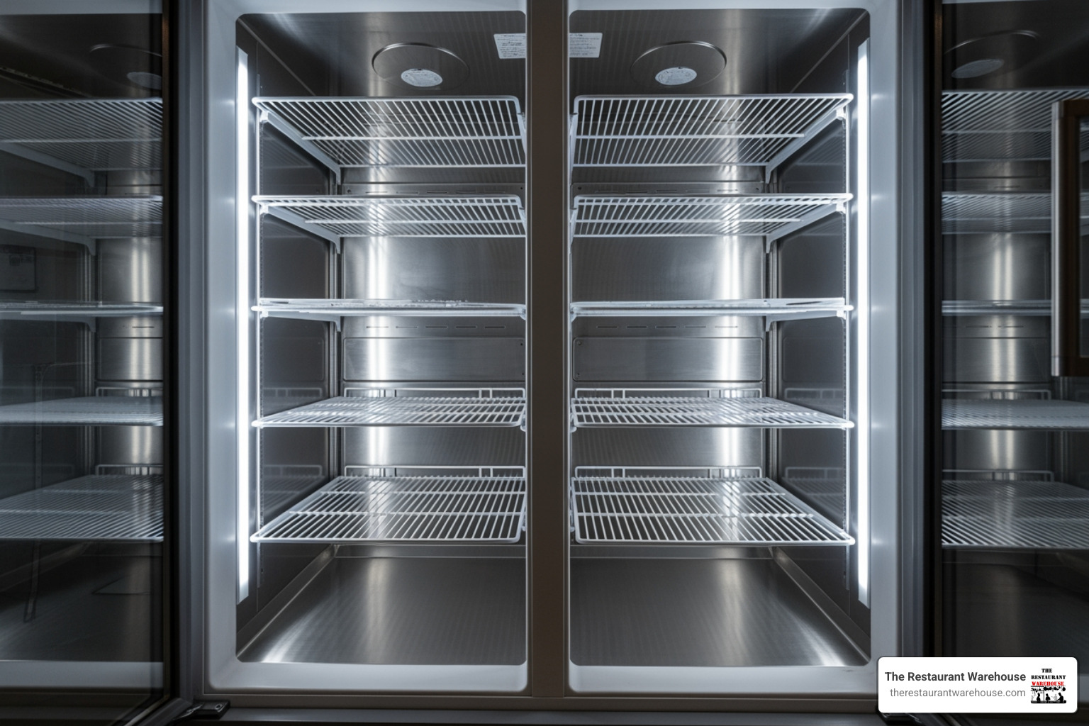 The interior of an Atosa refrigerator, highlighting the adjustable epoxy-coated shelves, bright LED lighting, and spacious design - Atosa reach-in refrigerator