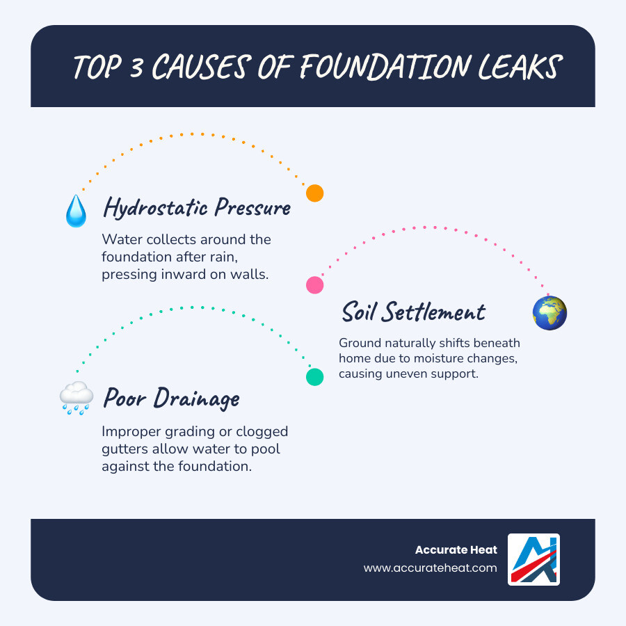 infographic showing the top 3 causes of foundation leaks with icons and brief descriptions: 1. Hydrostatic Pressure - water collecting around foundation after rain pressing against walls, 2. Soil Settlement - ground naturally shifting beneath home due to moisture changes causing uneven support, 3. Poor Drainage - improper grading or clogged gutters allowing water to pool against foundation - foundation crack leak infographic infographic-line-3-steps-blues-accent_colors