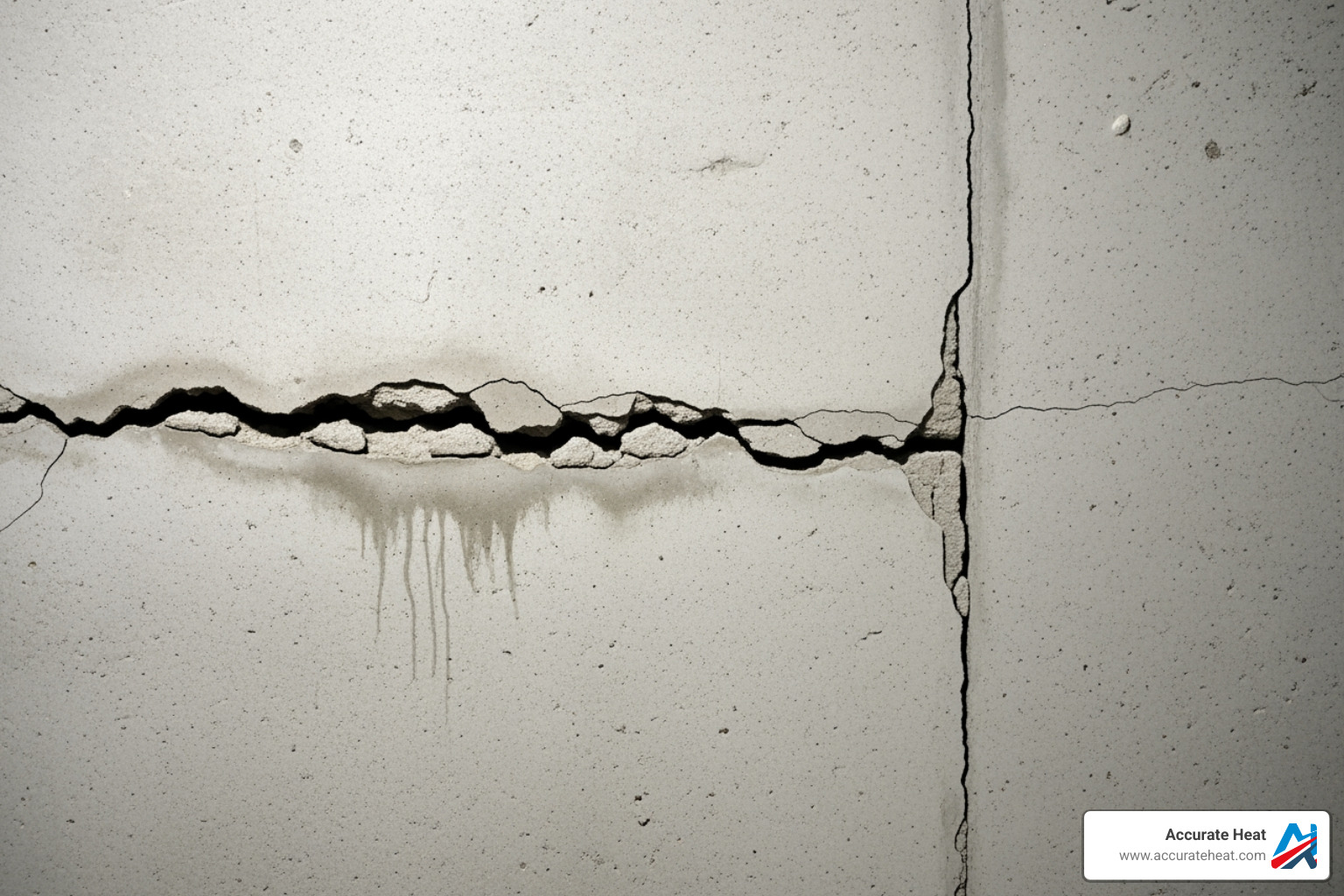 comparison of a serious horizontal crack to a less severe vertical crack in a concrete wall - foundation crack leak