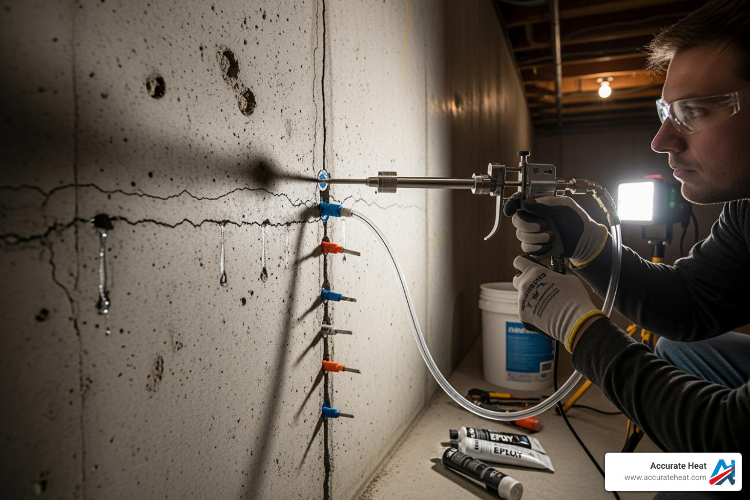 person injecting epoxy into a small vertical crack in a concrete basement wall - foundation crack leak