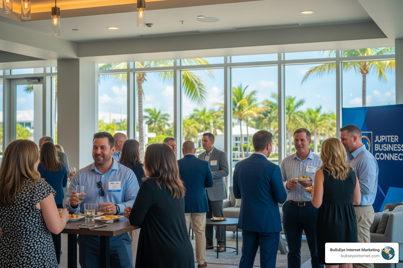 image of a local Jupiter business networking event - digital marketing Jupiter Networking event in Jupiter, Florida, with local business professionals engaged in conversation, enjoying food and drinks, and surrounded by palm trees and a vibrant atmosphere, reflecting the community's digital growth and collaboration.