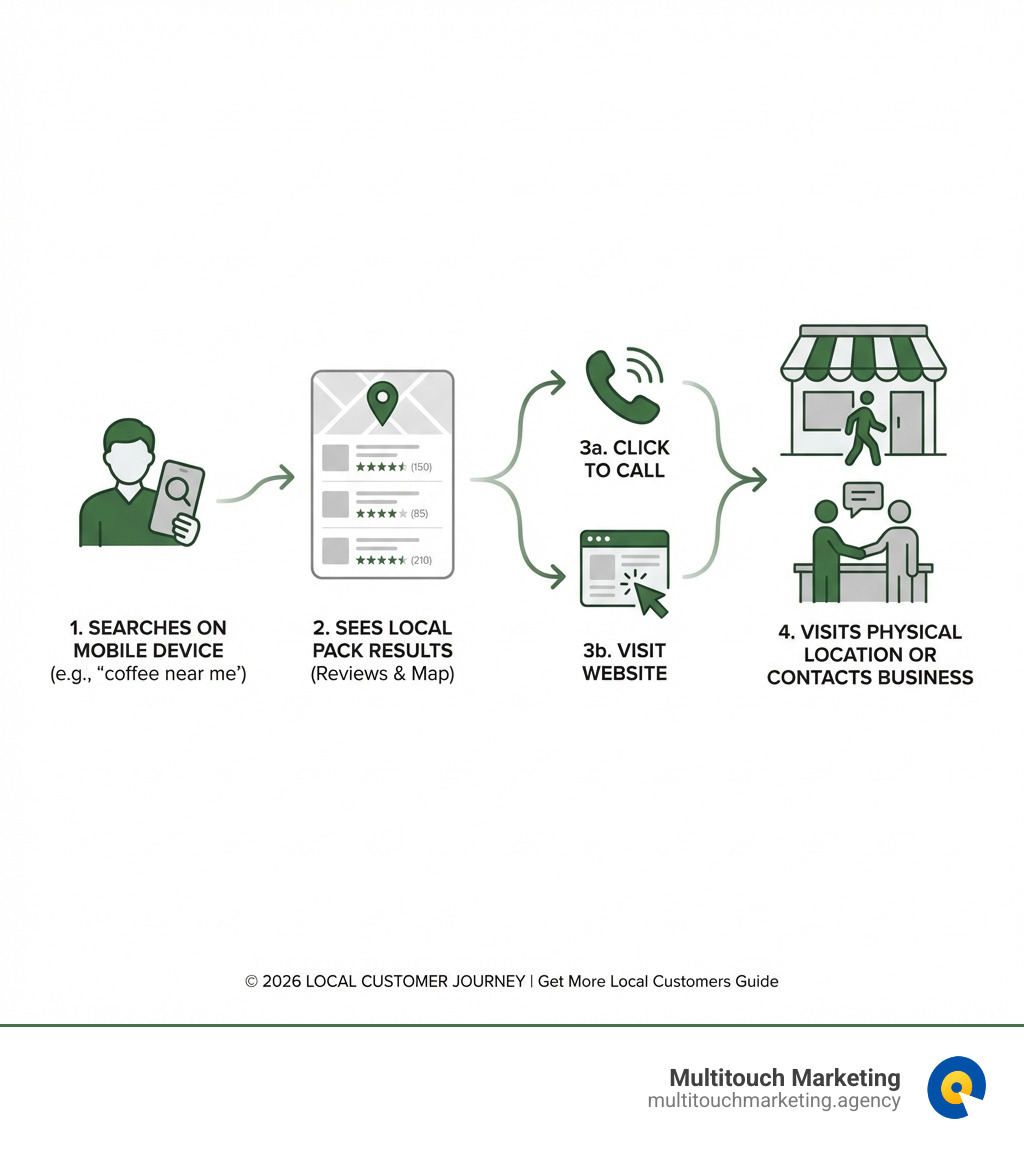 infographic showing the local customer journey: user searches on mobile device, sees local pack results with reviews and map, clicks to call or visit website, then visits physical location or contacts business - Get more local customers infographic infographic showing the local customer journey: user searches on mobile device, sees local pack results with reviews and map, clicks to call or visit website, then visits physical location or contacts business - Get more local customers infographic