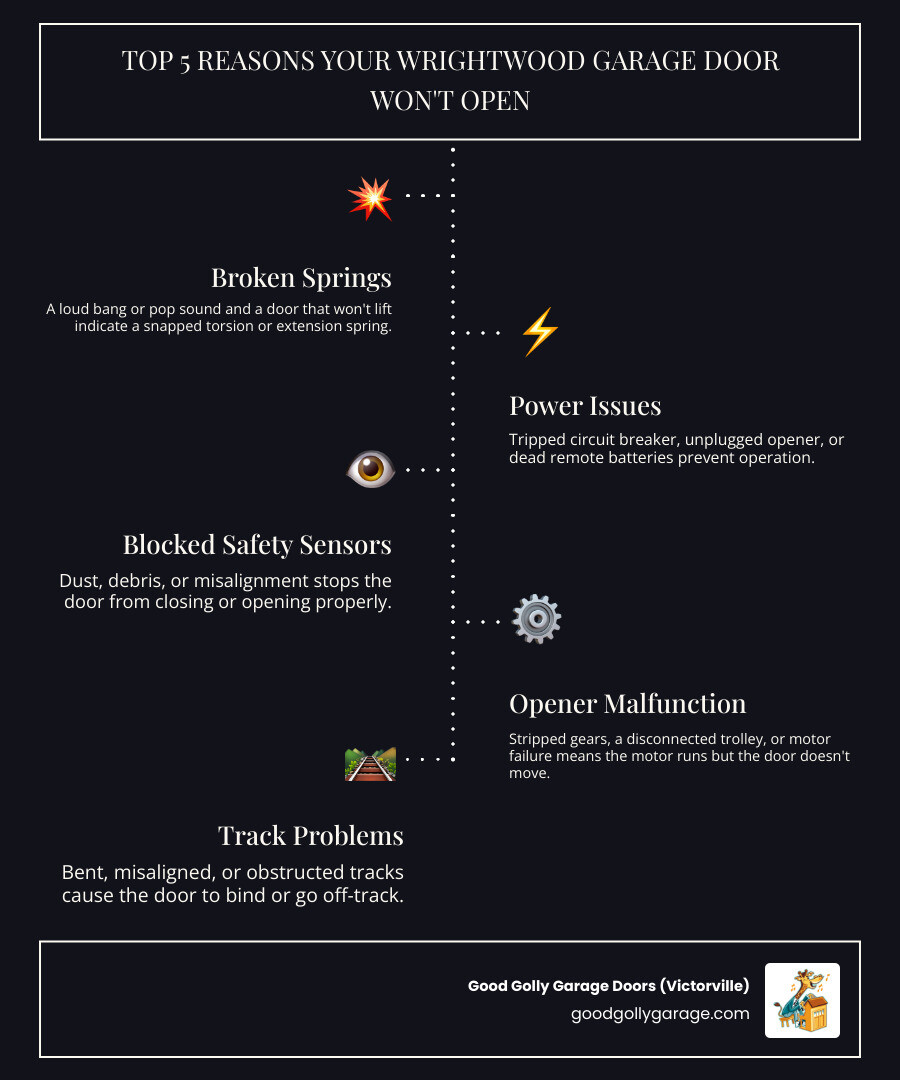 Infographic showing the top 5 reasons a garage door won't open in Wrightwood CA: 1. Broken Springs with an icon of a snapped spring and note about loud popping sound, 2. Power Issues with an icon of a circuit breaker and dead batteries, 3. Blocked Safety Sensors with an icon of misaligned photo-eye sensors, 4. Opener Malfunction with an icon of a motor and stripped gears, 5. Track Problems with an icon of a bent track and obstructions, all set against a backdrop of a mountain home - why is my garage door won't open in wrightwood ca infographic infographic-line-5-steps-dark