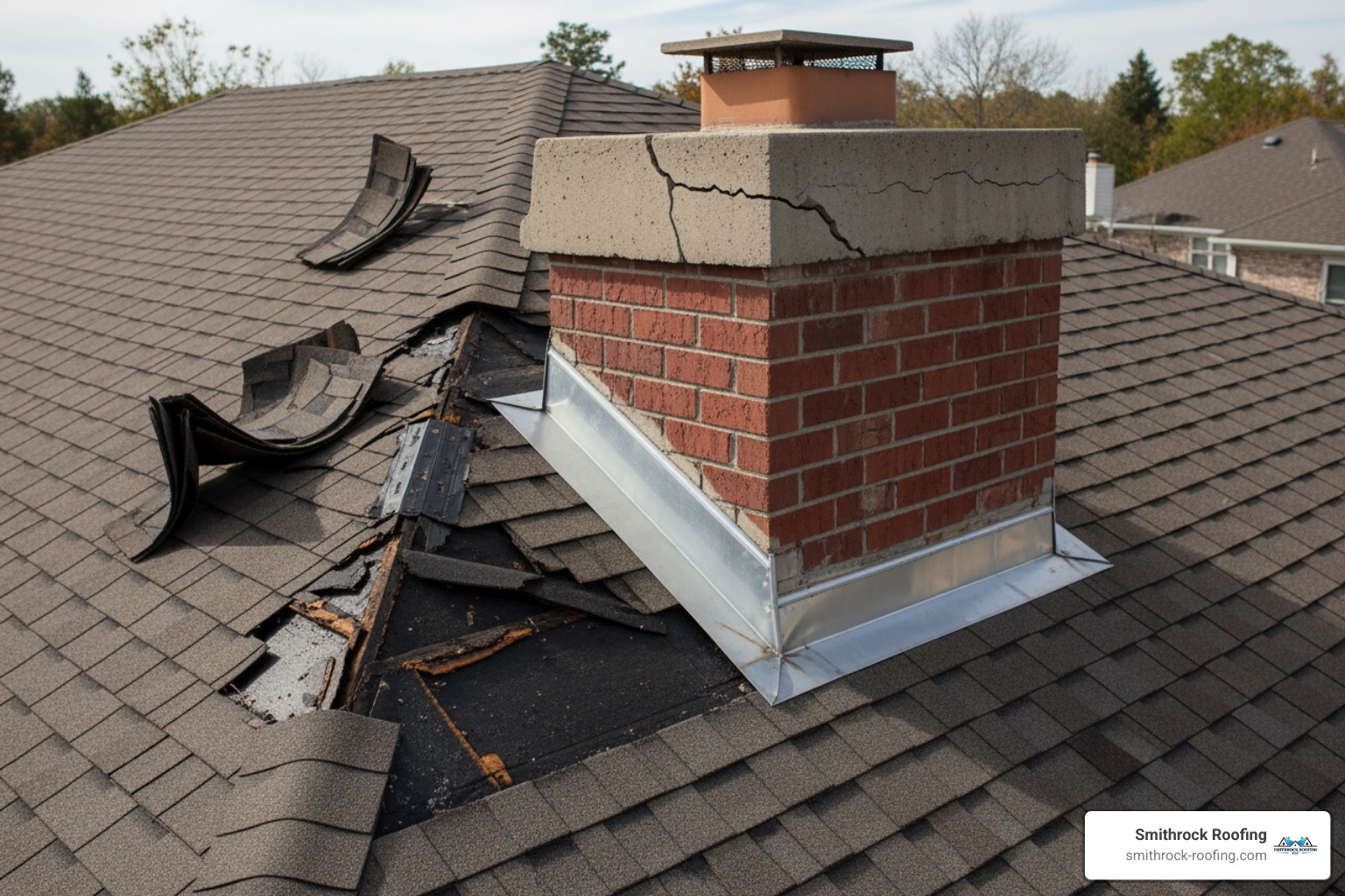 common roof leak points like damaged flashing, missing shingles, and a cracked chimney cap - ceiling water leakage solution