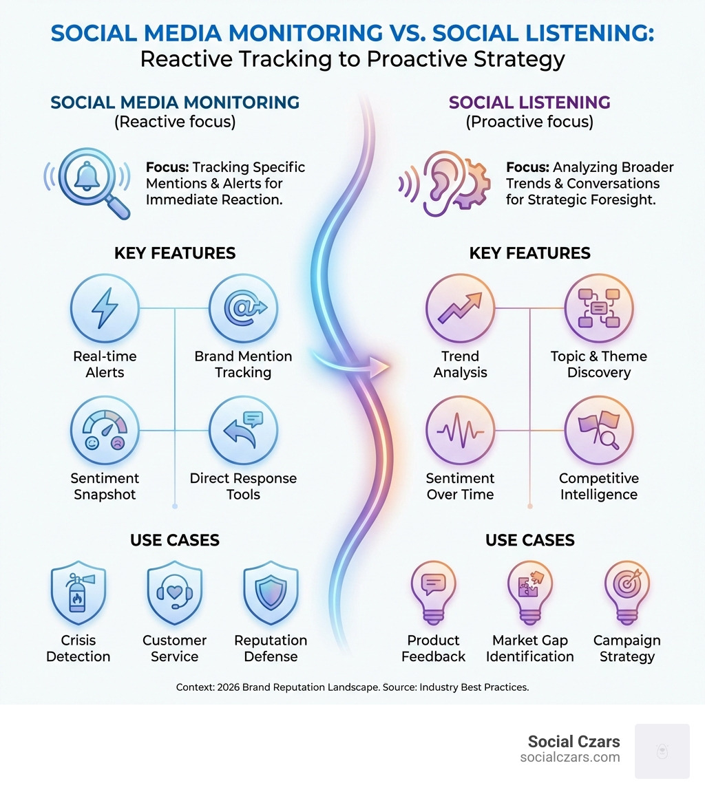 infographic comparing social media monitoring versus social listening with key features and use cases - social media monitoring brand reputation infographic 