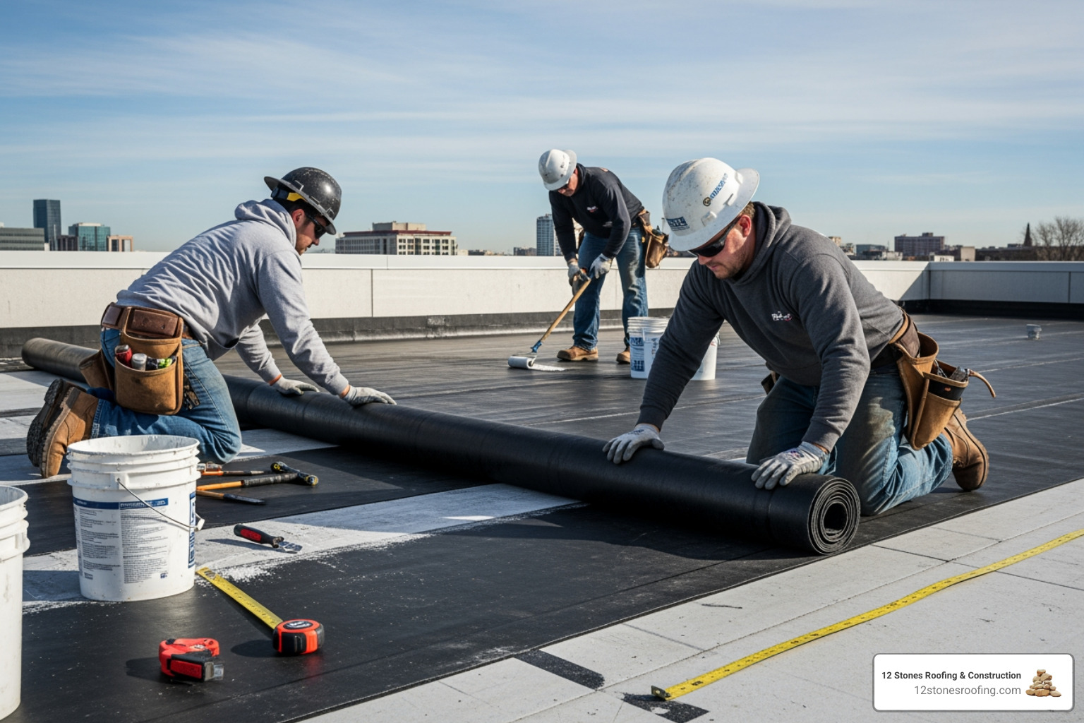 Workers installing a fully adhered EPDM roof system - EPDM roofing