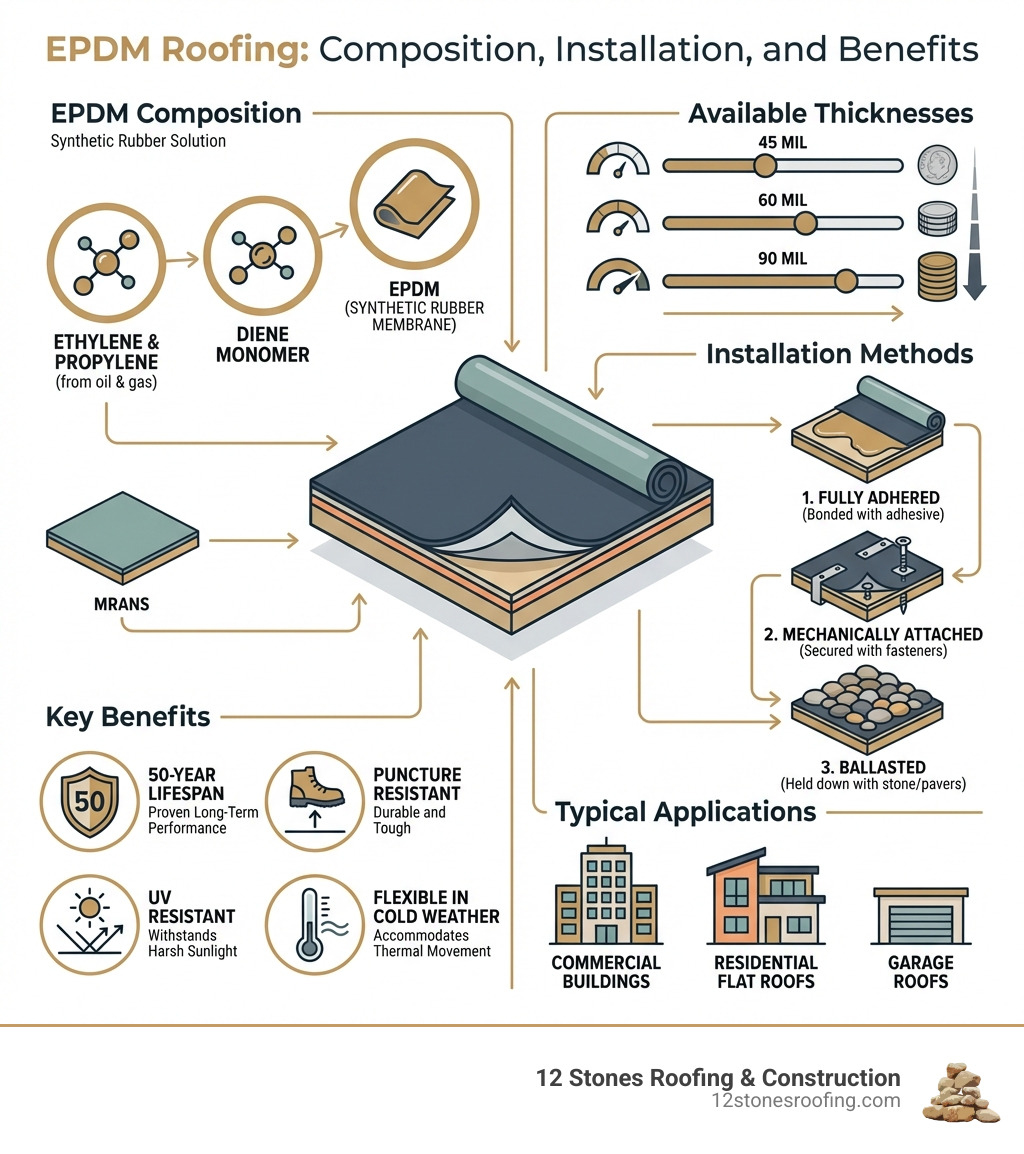 Infographic showing EPDM roofing composition, available thicknesses (45, 60, 90 mil), three installation methods (fully adhered, mechanically attached, ballasted), key benefits (50-year lifespan, puncture resistant, UV resistant, flexible in cold weather), and typical applications (commercial buildings, residential flat roofs, garage roofs) - EPDM roofing infographic 