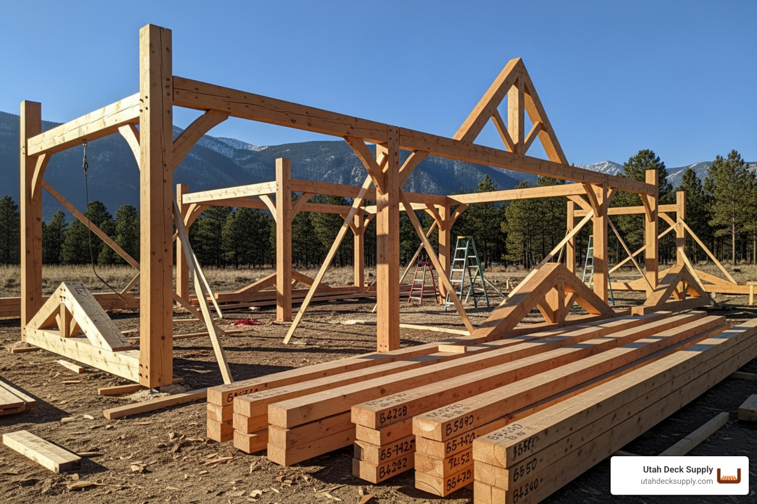a timber frame pavilion kit being assembled, showing pre-cut pieces. - timber frame pavilion