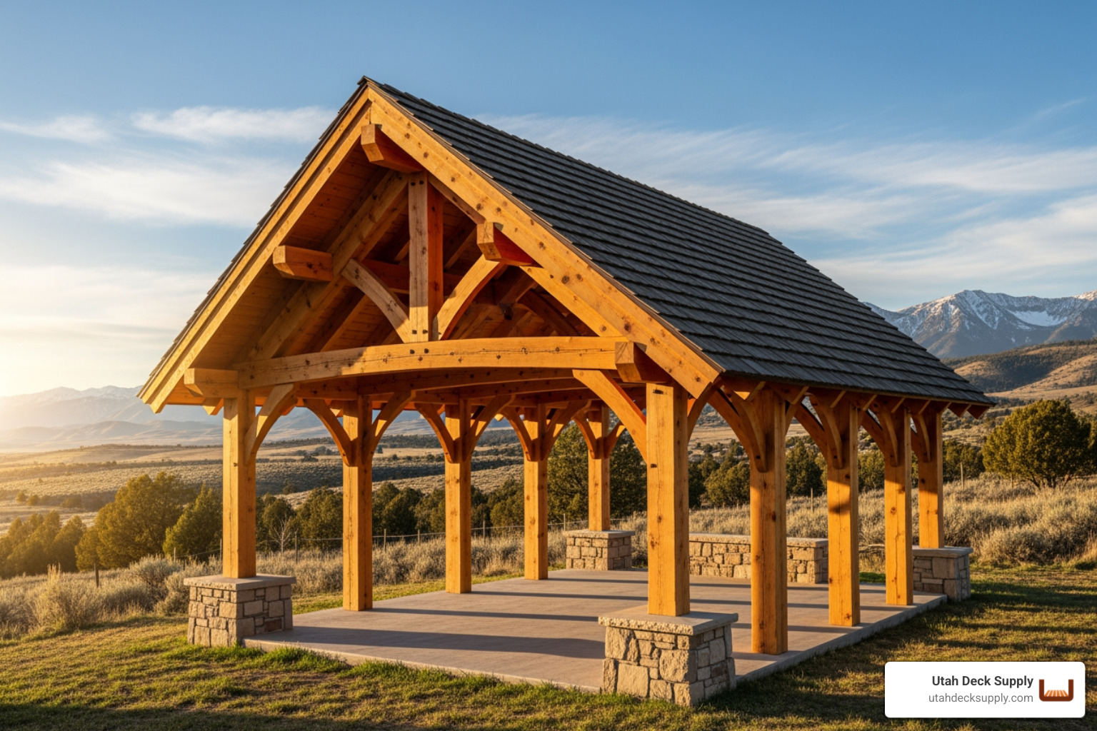 a family enjoying a meal under a beautiful Douglas fir timber frame pavilion. - timber frame pavilion
