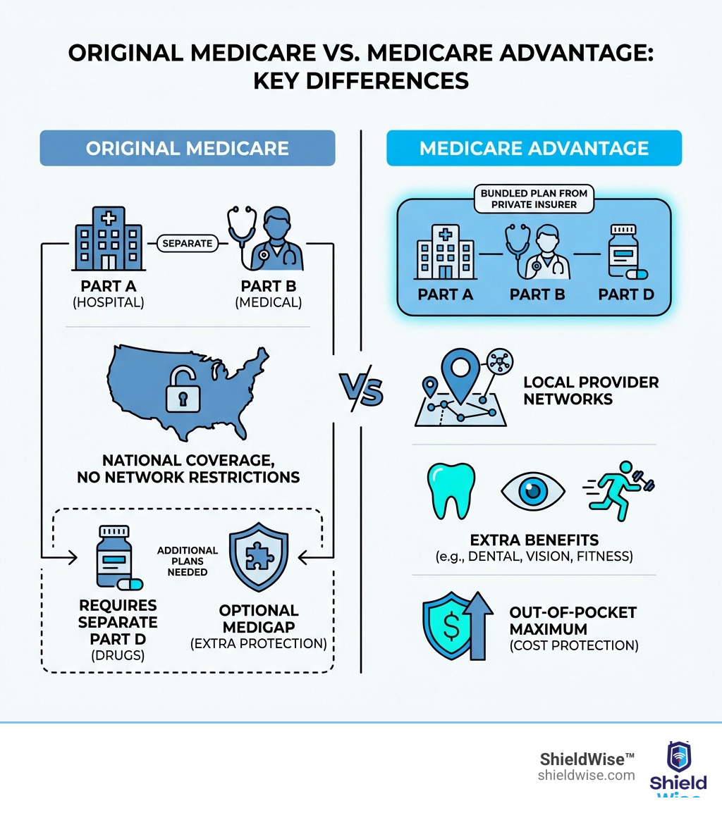 Infographic showing the key differences between Original Medicare and Medicare Advantage: Original Medicare has Part A (hospital) and Part B (medical) with national coverage and no network restrictions, requiring separate Part D for drugs and optional Medigap for extra protection. Medicare Advantage bundles Part A, Part B, and usually Part D into one plan from a private insurer, with local provider networks, extra benefits like dental and vision, and an out-of-pocket maximum for cost protection. - local medicare advantage plan options near me infographic Infographic showing the key differences between Original Medicare and Medicare Advantage: Original Medicare has Part A (hospital) and Part B (medical) with national coverage and no network restrictions, requiring separate Part D for drugs and optional Medigap for extra protection. Medicare Advantage bundles Part A, Part B, and usually Part D into one plan from a private insurer, with local provider networks, extra benefits like dental and vision, and an out-of-pocket maximum for cost protection. - local medicare advantage plan options near me infographic