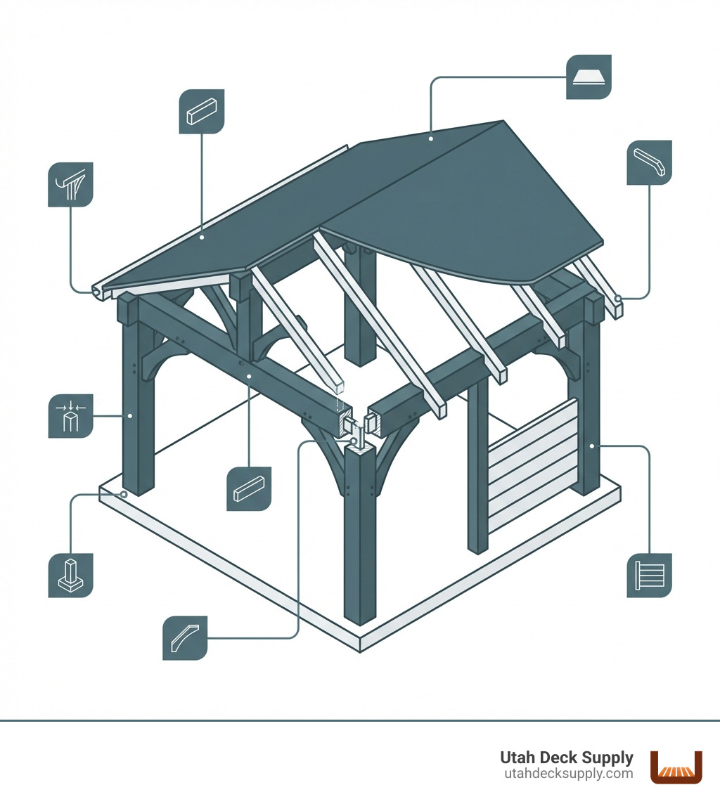 Infographic showing the anatomy of a timber frame pavilion with labeled components: 8x8 or larger posts forming the foundation, 4x10 or larger beams connecting posts horizontally, 3x8 or larger rafters supporting the roof structure, solid aluminum or wood roof providing full weather protection, mortise and tenon joinery creating strong traditional connections, decorative braces adding stability and visual appeal, and optional features like integrated gutters and privacy walls - timber frame pavilion infographic 