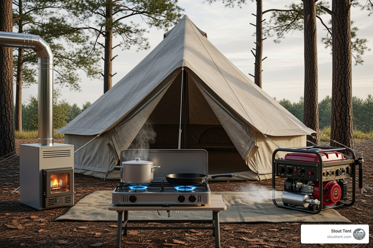 common CO sources like a furnace, gas stove, and a portable generator while camping with a canvas bell tent - carbon monoxide detector