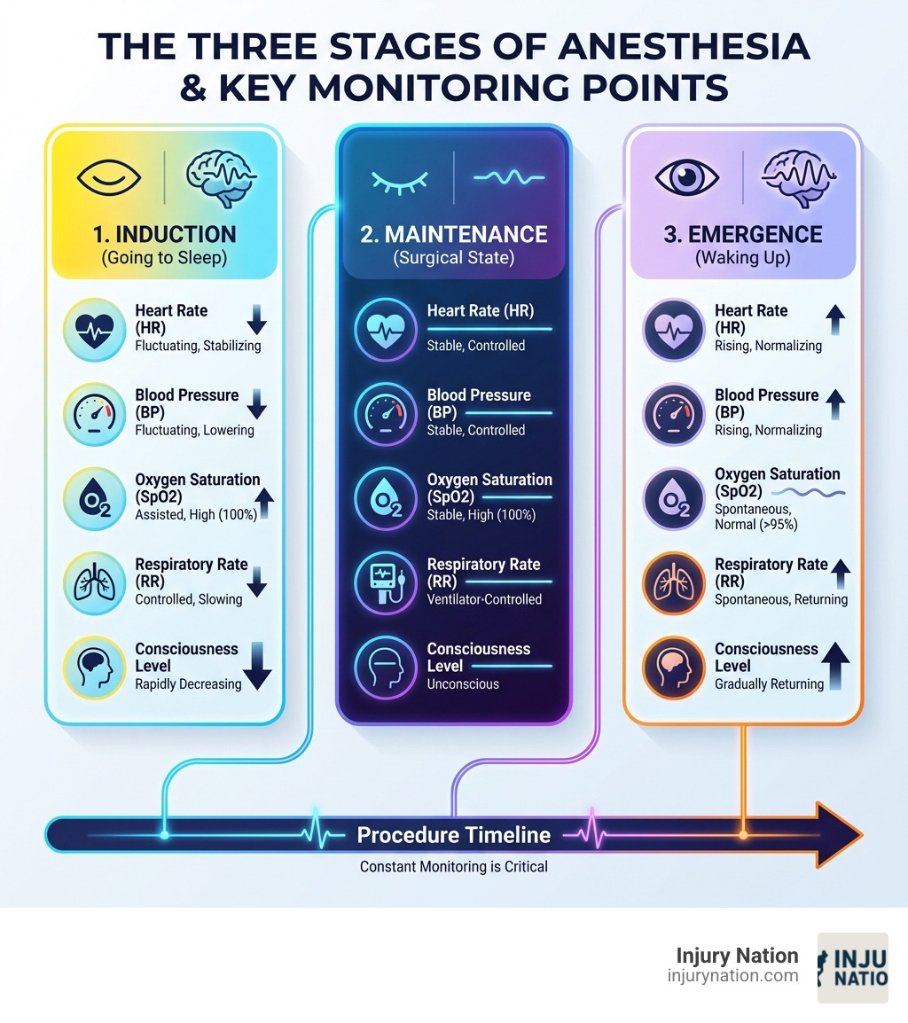 Infographic showing the three stages of anesthesia (induction, maintenance, and emergence) with key monitoring points including heart rate, blood pressure, oxygen saturation, respiratory rate, and consciousness level at each stage - Anesthesia error lawsuit infographic 