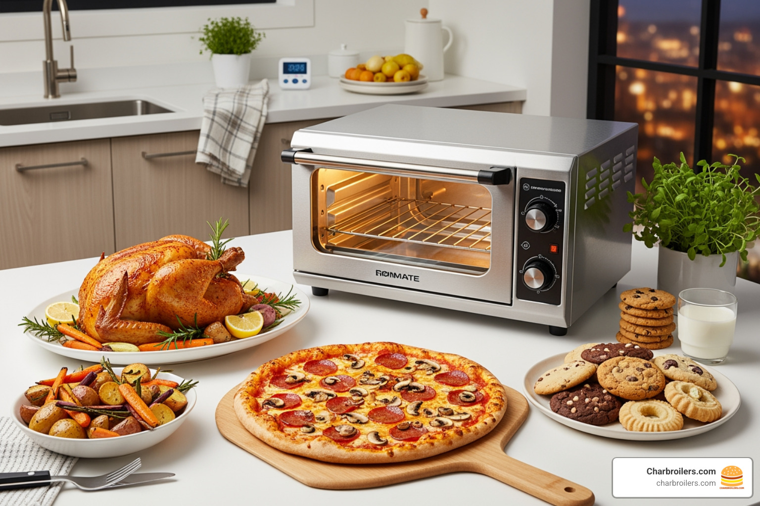 variety of foods like pizza, roasted chicken, and cookies arranged around a convection oven - commercial convection toaster oven