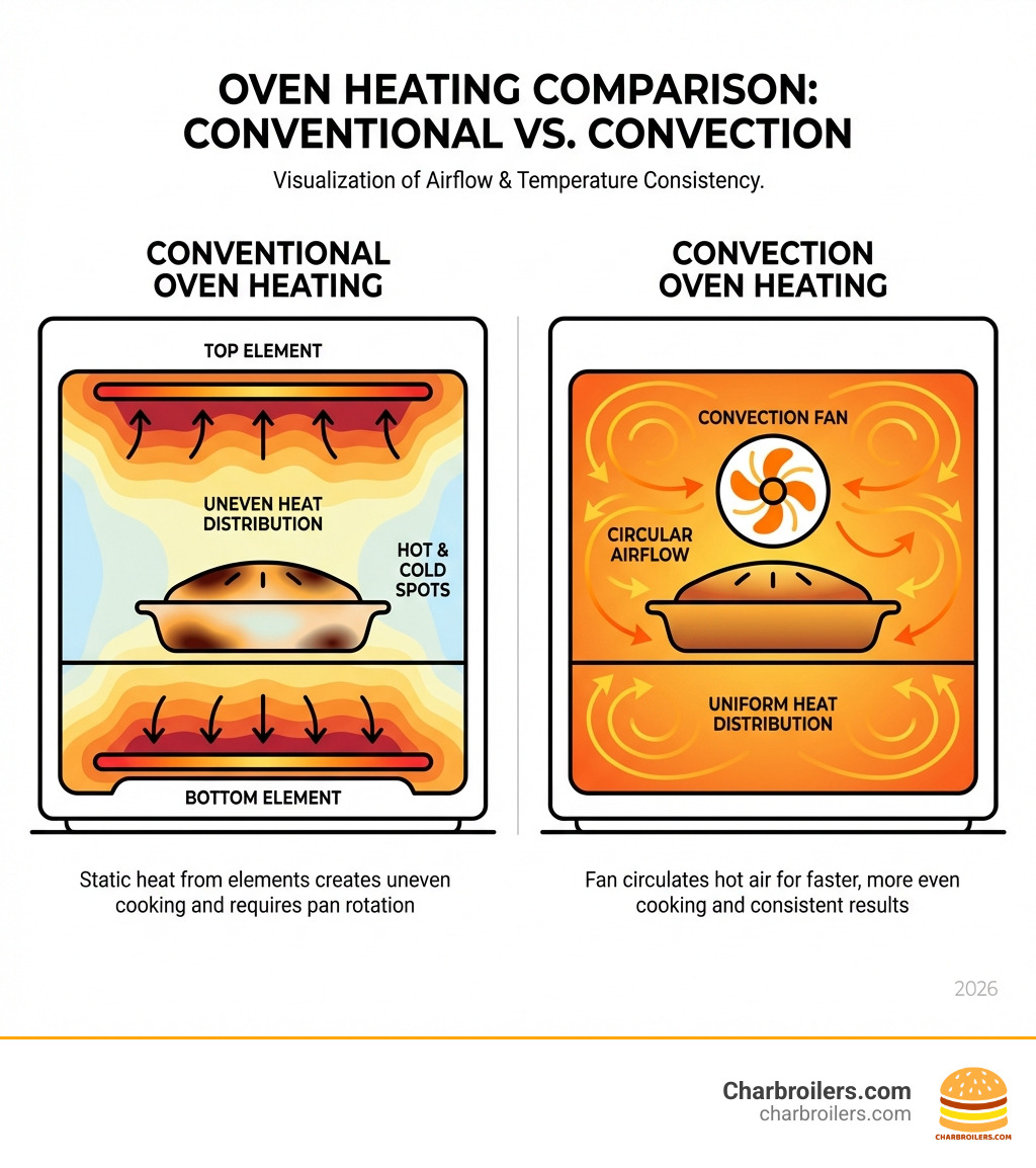 Infographic showing the difference between conventional oven heating and convection oven heating: conventional ovens show static heat zones from top and bottom elements with uneven distribution, while convection ovens display circular airflow patterns from a fan creating uniform heat distribution throughout the cooking chamber - commercial convection toaster oven infographic 