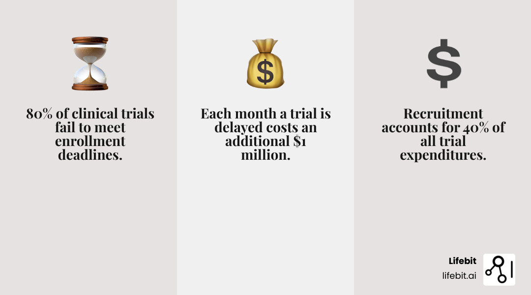 Infographic showing clinical trial recruitment challenges: 80% of studies miss enrollment deadlines, 40% of trial costs go to recruitment, 85% struggle to recruit enough patients, and each month of delay costs $1 million or more - patient recruitment companies infographic 3_facts_emoji_grey