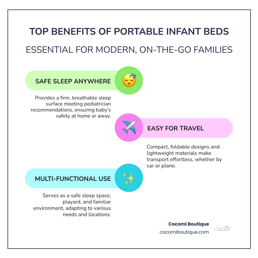 Infographic showing three key benefits: Safe Sleep Anywhere, Easy for Travel, and Multi-Functional Use - Portable infant bed infographic infographic-line-3-steps-colors