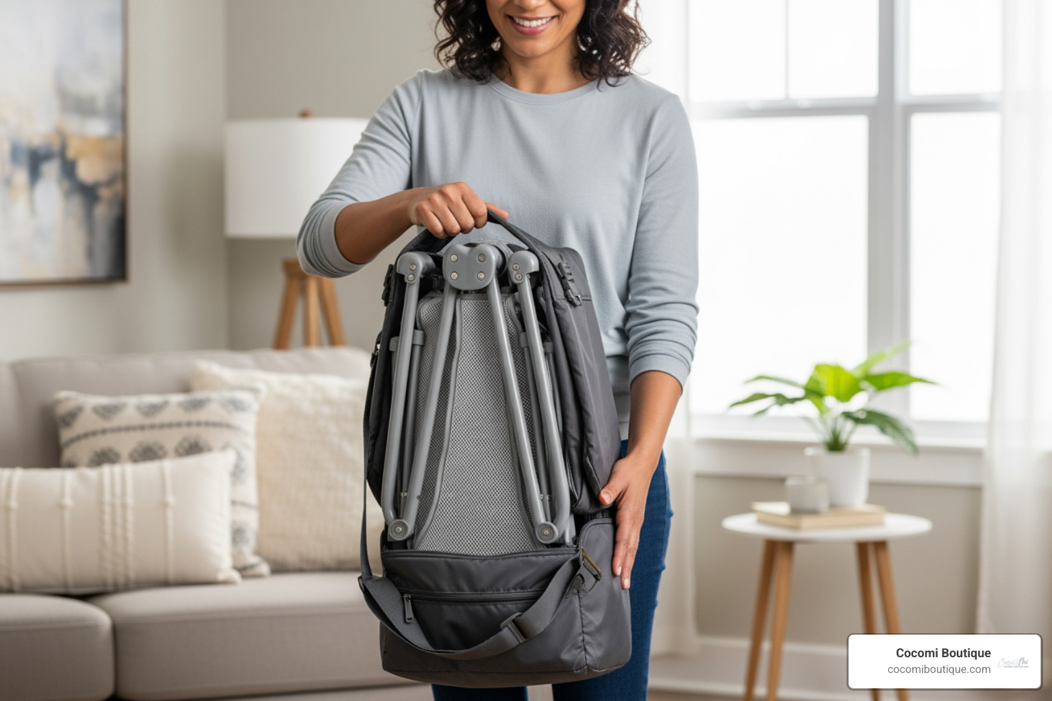 parent easily folding a portable crib into its travel bag - Portable infant bed
