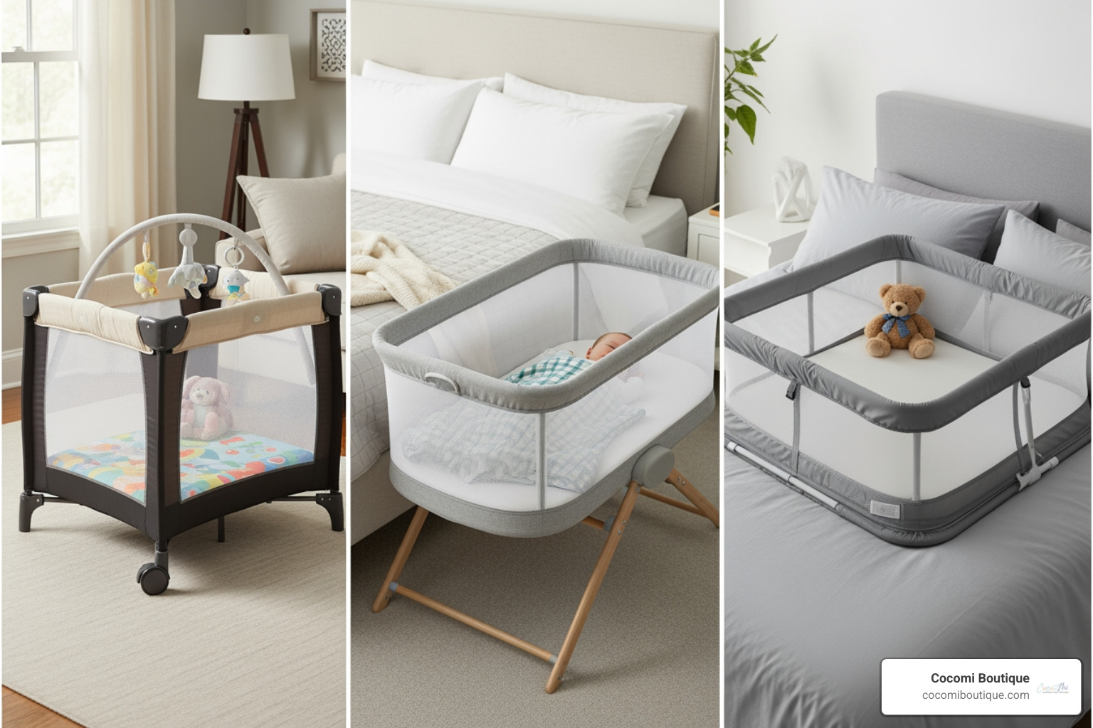 collage showcasing different types of portable beds: a travel crib, a travel bassinet, and an in-bed sleeper - Portable infant bed