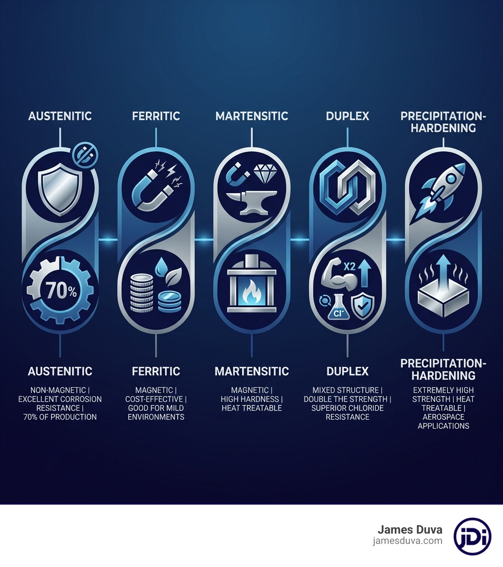 Infographic showing the five main families of stainless steel: Austenitic (non-magnetic, excellent corrosion resistance, 70% of production), Ferritic (magnetic, cost-effective, good for mild environments), Martensitic (magnetic, high hardness, heat treatable), Duplex (mixed structure, double the strength, superior chloride resistance), and Precipitation-Hardening (extremely high strength, heat treatable, aerospace applications) - stainless steel alloys infographic Infographic showing the five main families of stainless steel: Austenitic (non-magnetic, excellent corrosion resistance, 70% of production), Ferritic (magnetic, cost-effective, good for mild environments), Martensitic (magnetic, high hardness, heat treatable), Duplex (mixed structure, double the strength, superior chloride resistance), and Precipitation-Hardening (extremely high strength, heat treatable, aerospace applications) - stainless steel alloys infographic