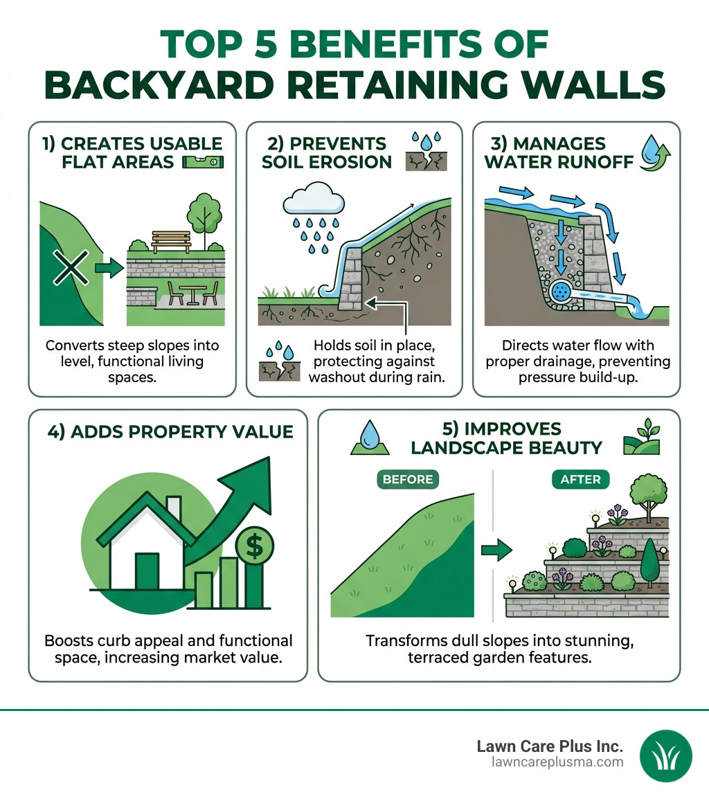 infographic showing the top 5 benefits of backyard retaining walls: 1) Creates usable flat areas on sloped properties with illustration of terraced yard, 2) Prevents soil erosion with diagram showing soil held in place during rain, 3) Manages water runoff with arrows showing proper drainage flow, 4) Adds property value with house icon and upward arrow, 5) Improves landscape beauty with before/after comparison of plain slope versus attractive tiered wall with plantings - backyard retaining walls infographic 