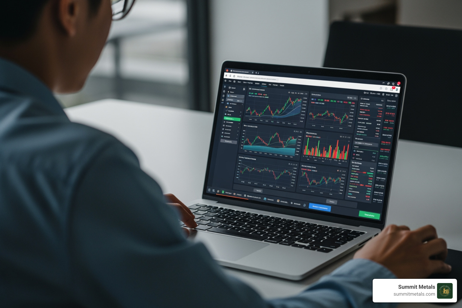 person on a laptop navigating an investing interface with charts in the background - Self directed gold IRA