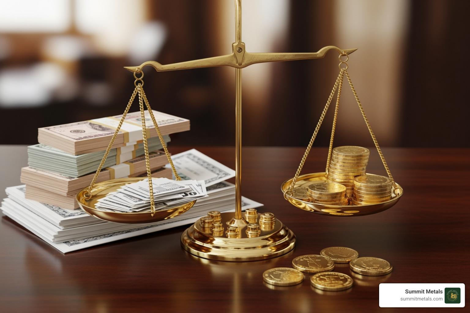 balanced scale with traditional paper assets on one side and physical gold coins on the other - Self directed gold IRA