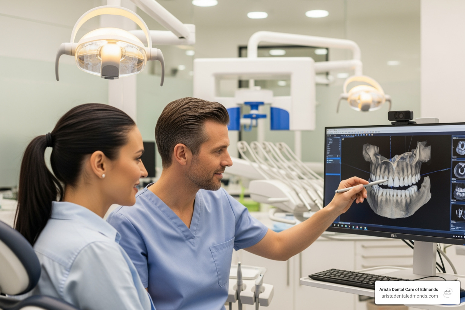 patient looking at a 3D dental scan on a screen with a dentist - Free dental consultation patient looking at a 3D dental scan on a screen with a dentist - Free dental consultation