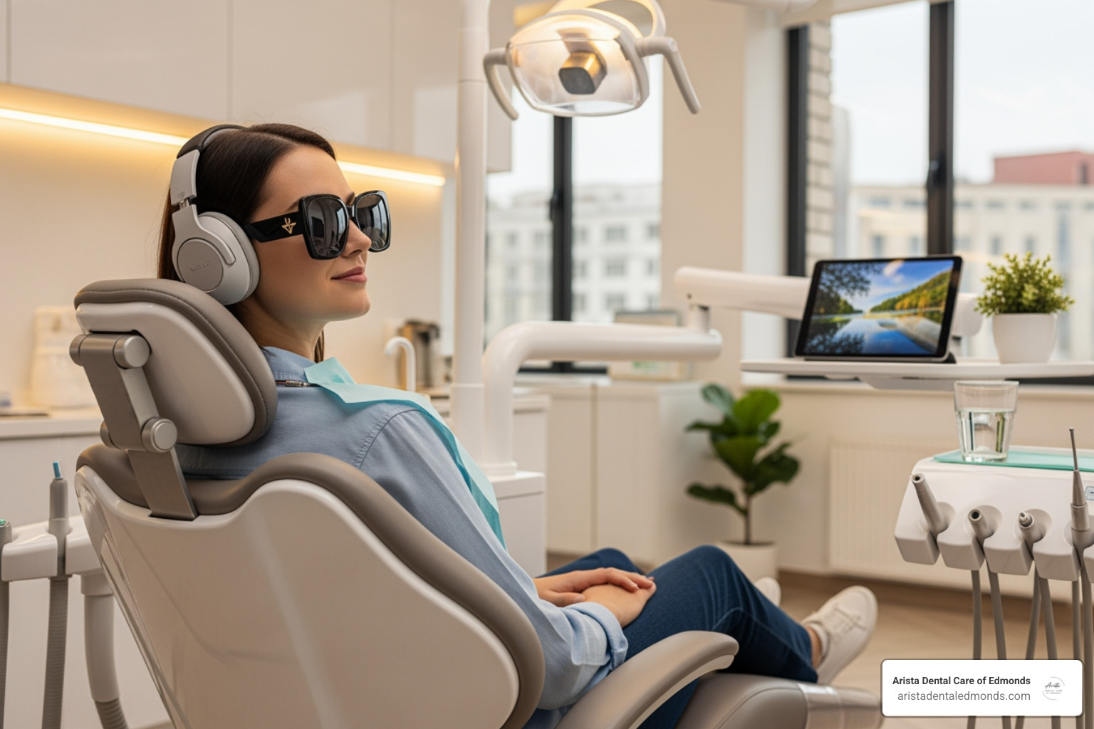 patient with headphones and sunglasses in dental chair - Dental anxiety treatment