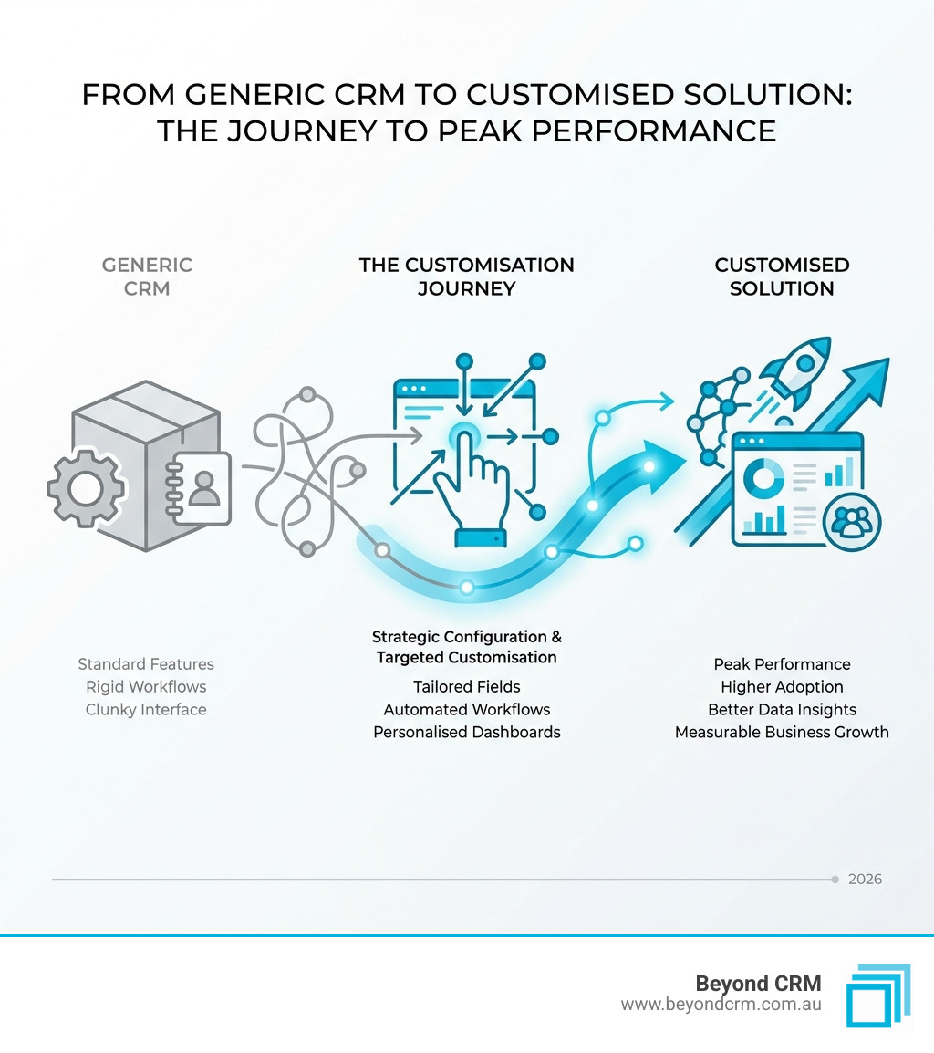 infographic showing the journey from generic CRM to customised solution - CRM customization services infographic infographic showing the journey from generic CRM to customised solution - CRM customization services infographic