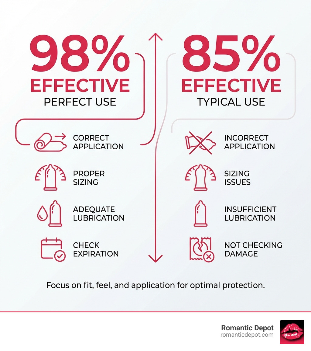 Infographic showing condom effectiveness rates: 98% effective with perfect use versus 85% effective with typical use. Perfect use includes proper sizing, correct application, adequate lubrication, and checking expiration dates. Typical use may involve sizing issues, insufficient lubrication, incorrect application, and not checking for damage. - condoms that feel like skin infographic Infographic showing condom effectiveness rates: 98% effective with perfect use versus 85% effective with typical use. Perfect use includes proper sizing, correct application, adequate lubrication, and checking expiration dates. Typical use may involve sizing issues, insufficient lubrication, incorrect application, and not checking for damage. - condoms that feel like skin infographic