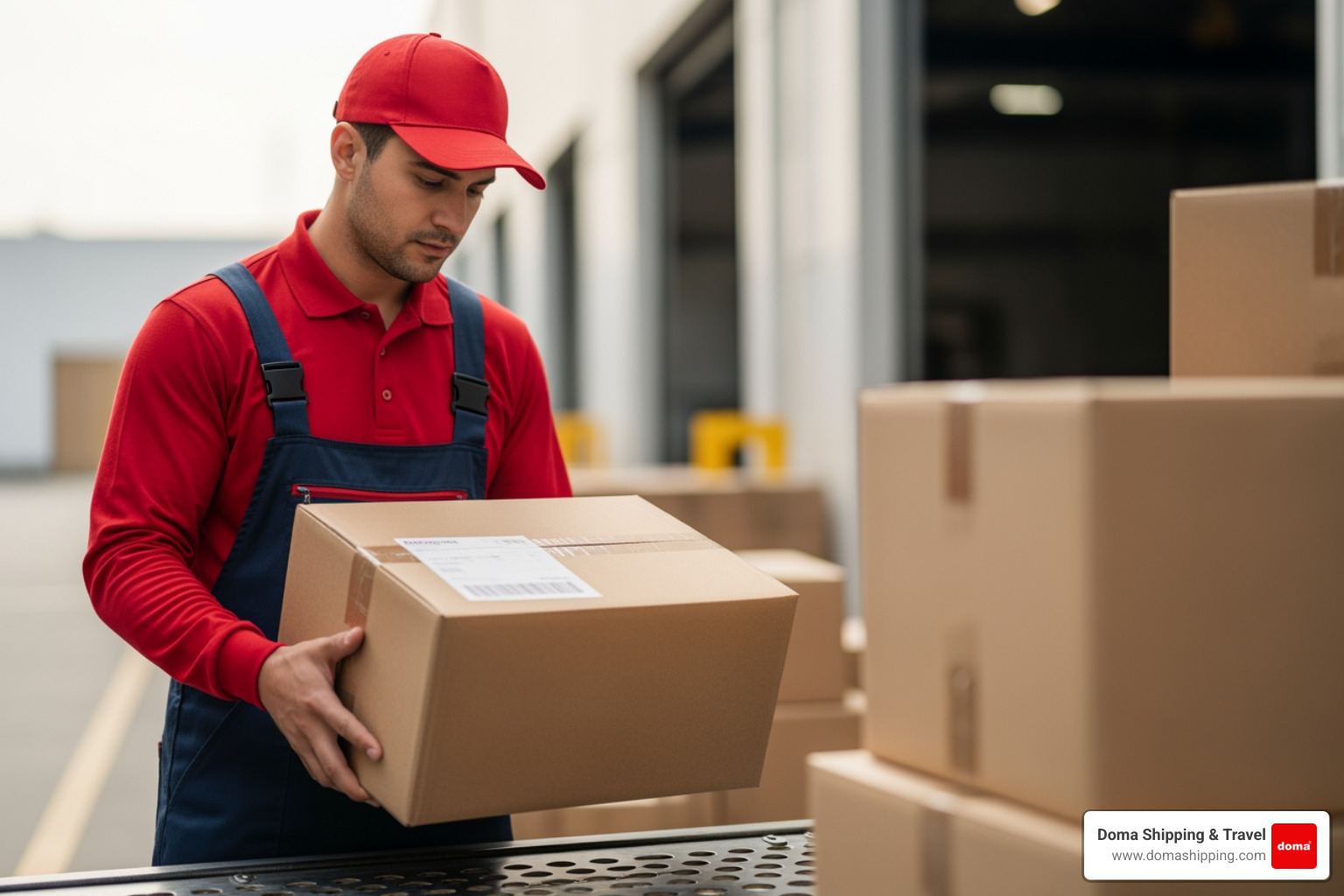Doma Shipping worker handling a well-packaged box at a loading dock, destined for Europe, with a clear shipping label - send gifts to Poland