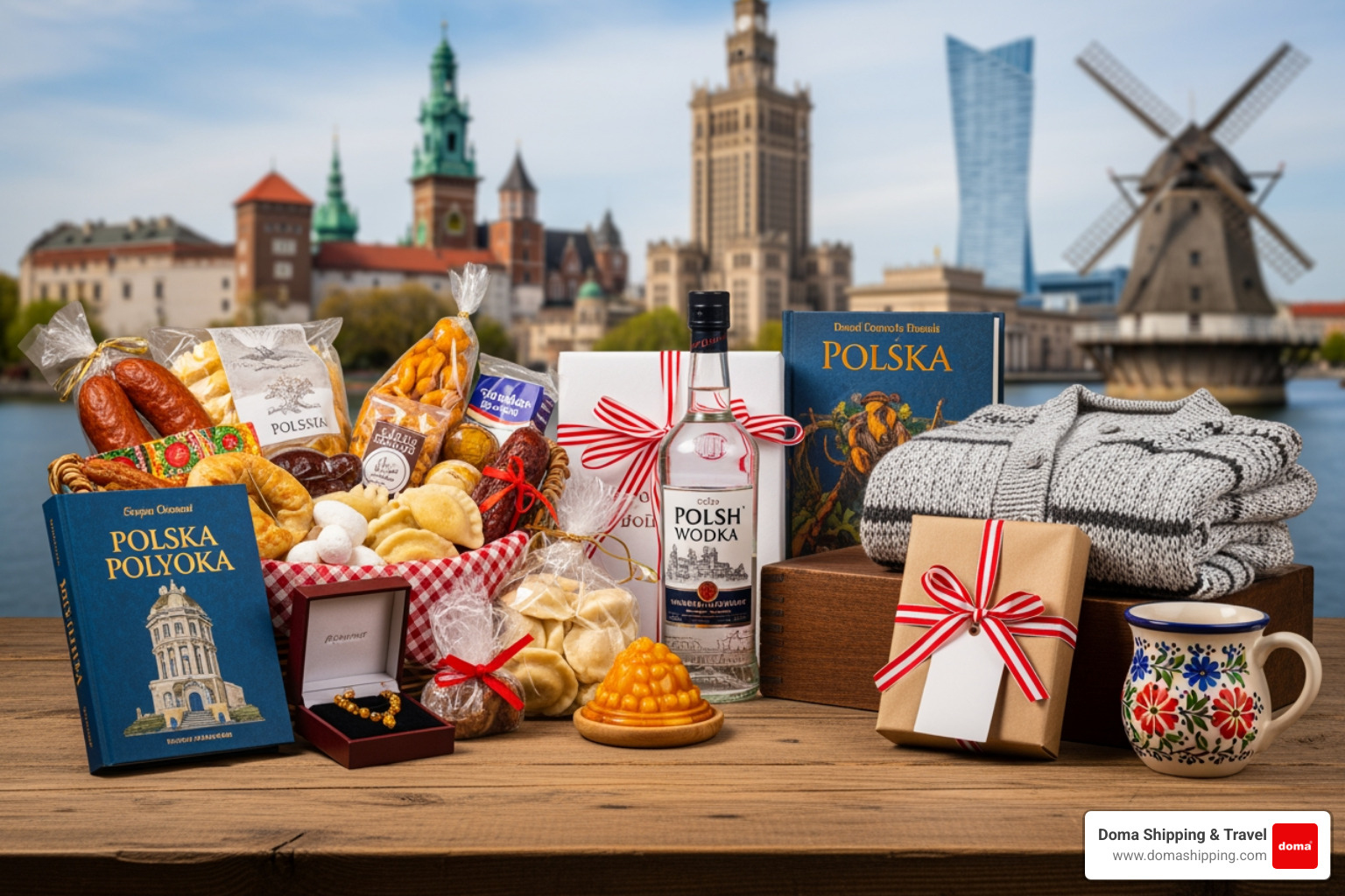 A traditional Polish gift basket filled with non-perishable gourmet items like chocolates, coffee, and jams - send gifts to Poland
