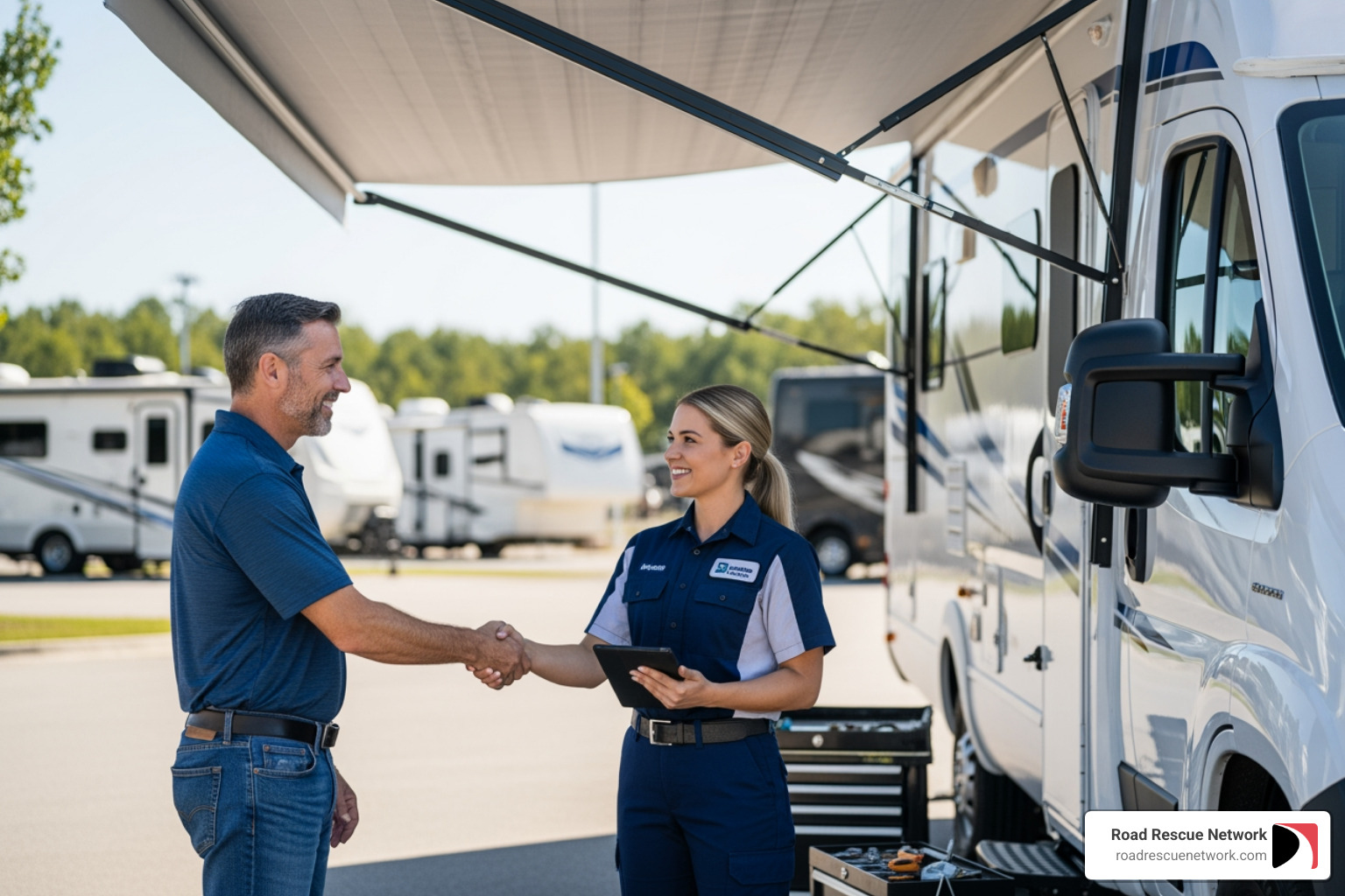 customer shaking hands with a friendly technician - mobile rv repair customer shaking hands with a friendly technician - mobile rv repair